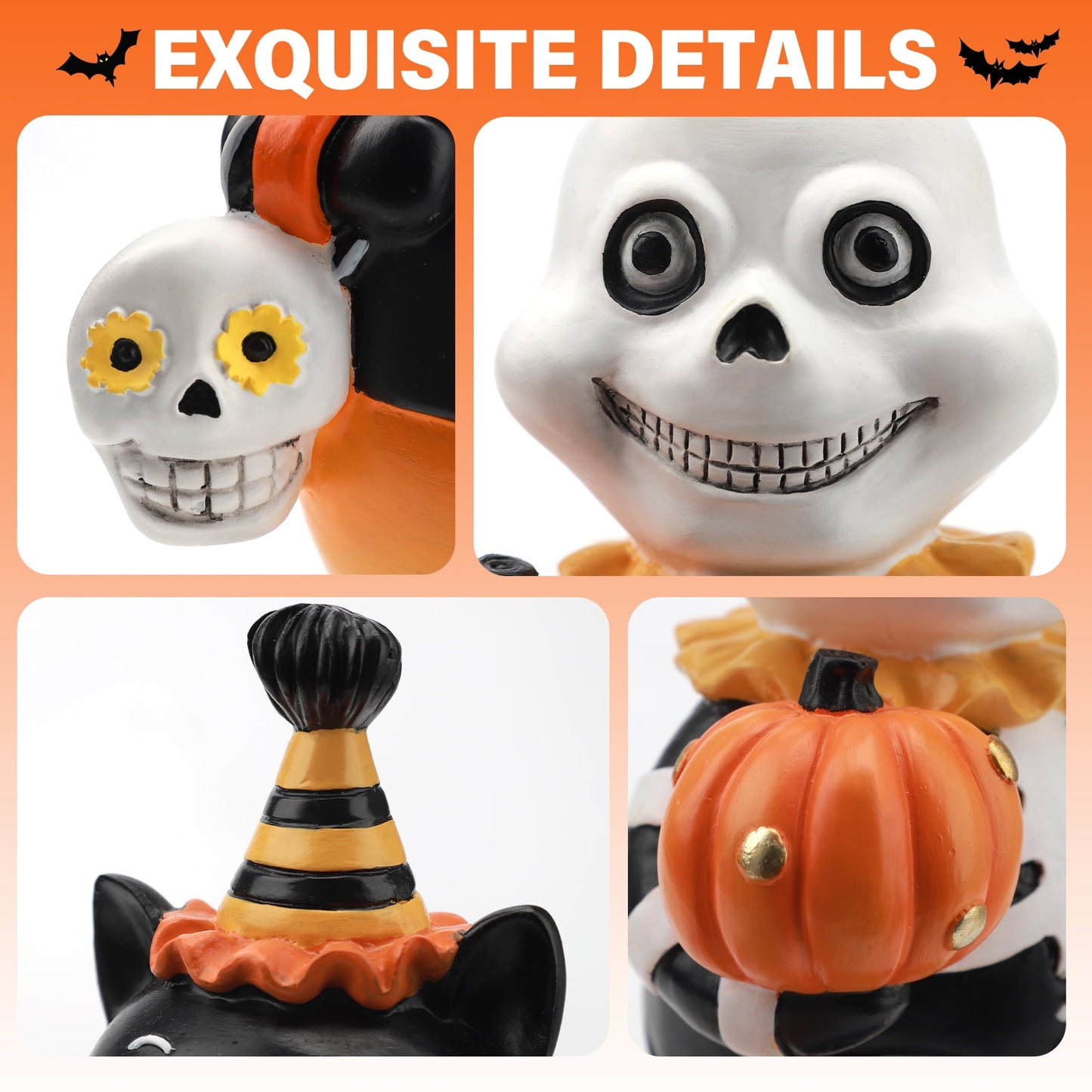 Ayieyill 2pcs Halloween Cat and Skeleton Figurines Halloween Decorations for Table or Desk Cute Halloween Gifts