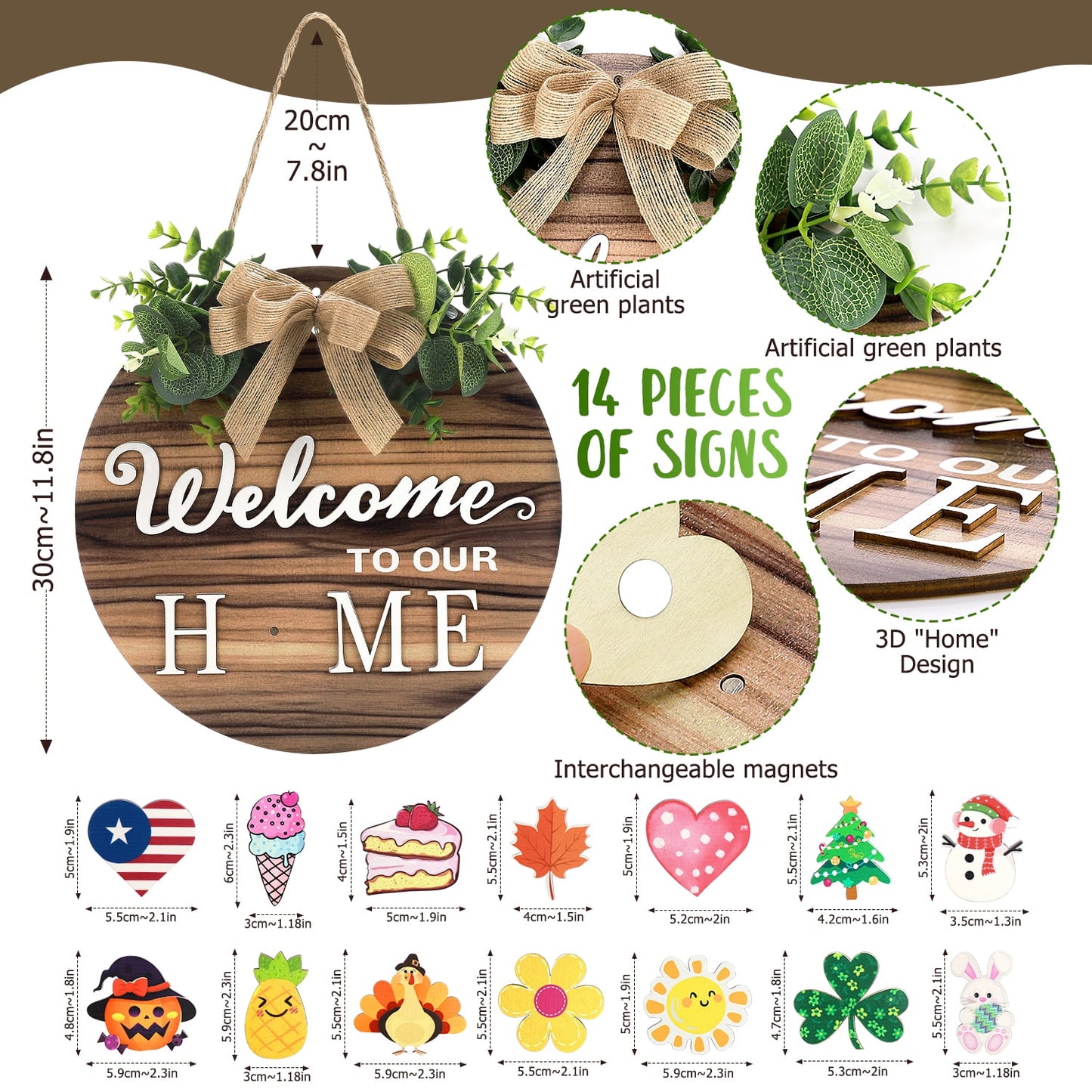 Ayieyill Interchangeable Welcome Sign for Front Door, Rustic Round Wood Holiday Door Sign with 14 Changeable Icons, Seasonal Welcome Home Sign