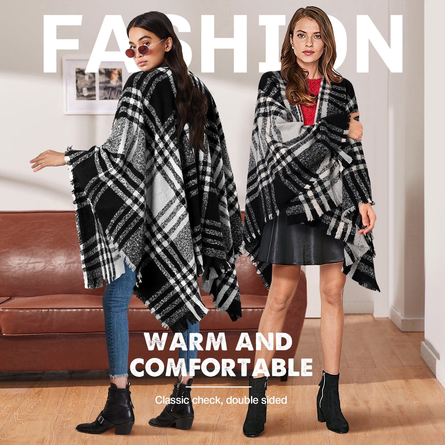 Ayieyill Shawl Wraps for Women Women's Poncho Open Front Boho Knitted Plaid Blanket Scarf Cape