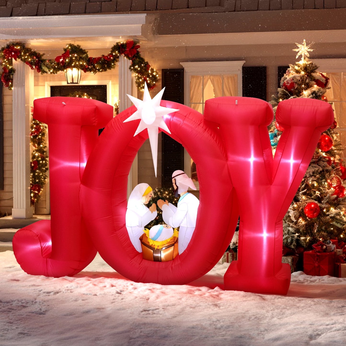 Ayieyill 8FT Inflatables Christmas Outdoor Decoration, Joy Christmas Nativity Decoration with LED, Christmas Blow up Yard Decorations- Red/White