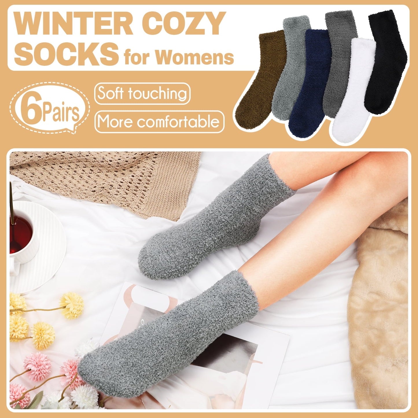 Ayieyill Fuzzy Socks for Women, 6 Pairs Plush Slipper Socks Women, Warm Soft Fluffy Socks Thick Cozy Plush Sock Winter Christmas Socks for Women