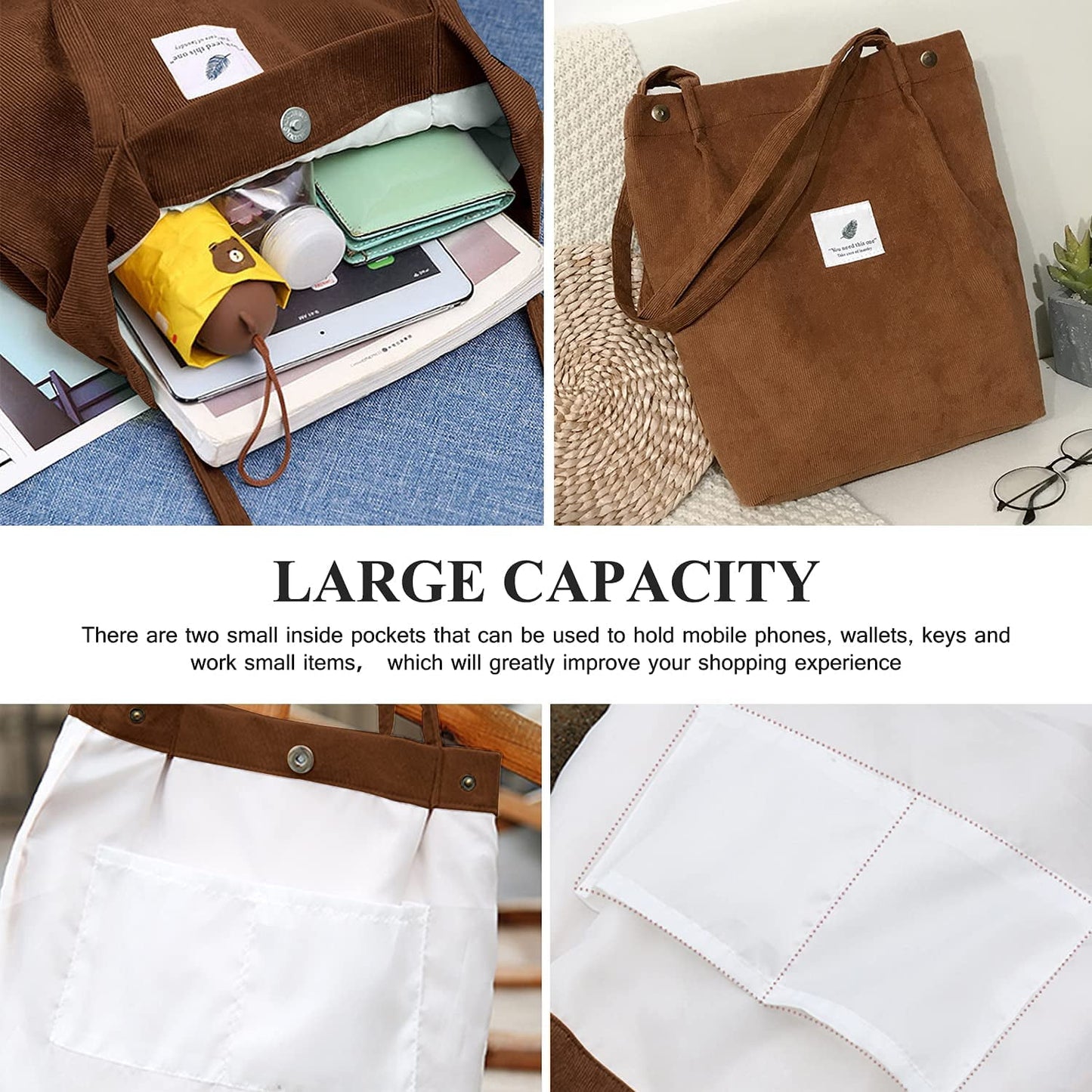 Ayieyill Corduroy Tote Bag Large for Women Girl Lady Canvas Shoulder Cord Purse and Handbags with Inner Pocket