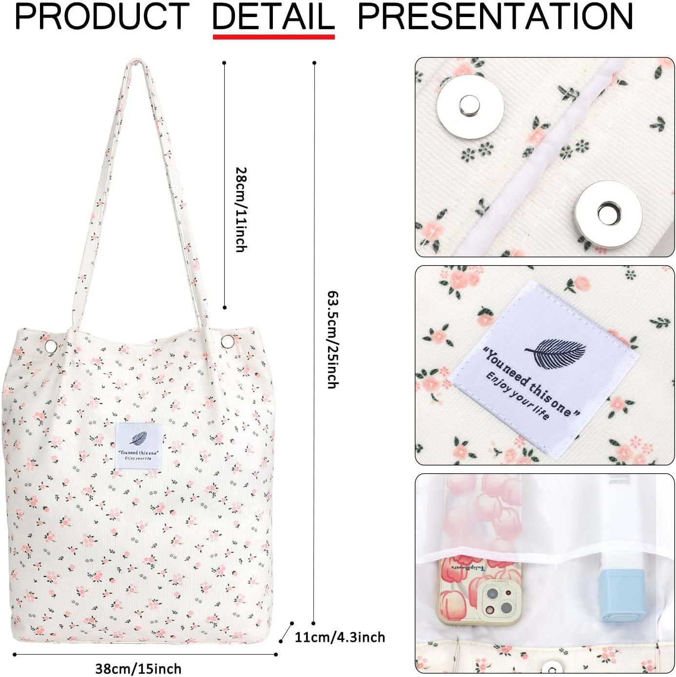 Ayieyill Corduroy Tote Bag Large for Women Girl Lady Canvas Shoulder Cord Purse and Handbags with Inner Pocket