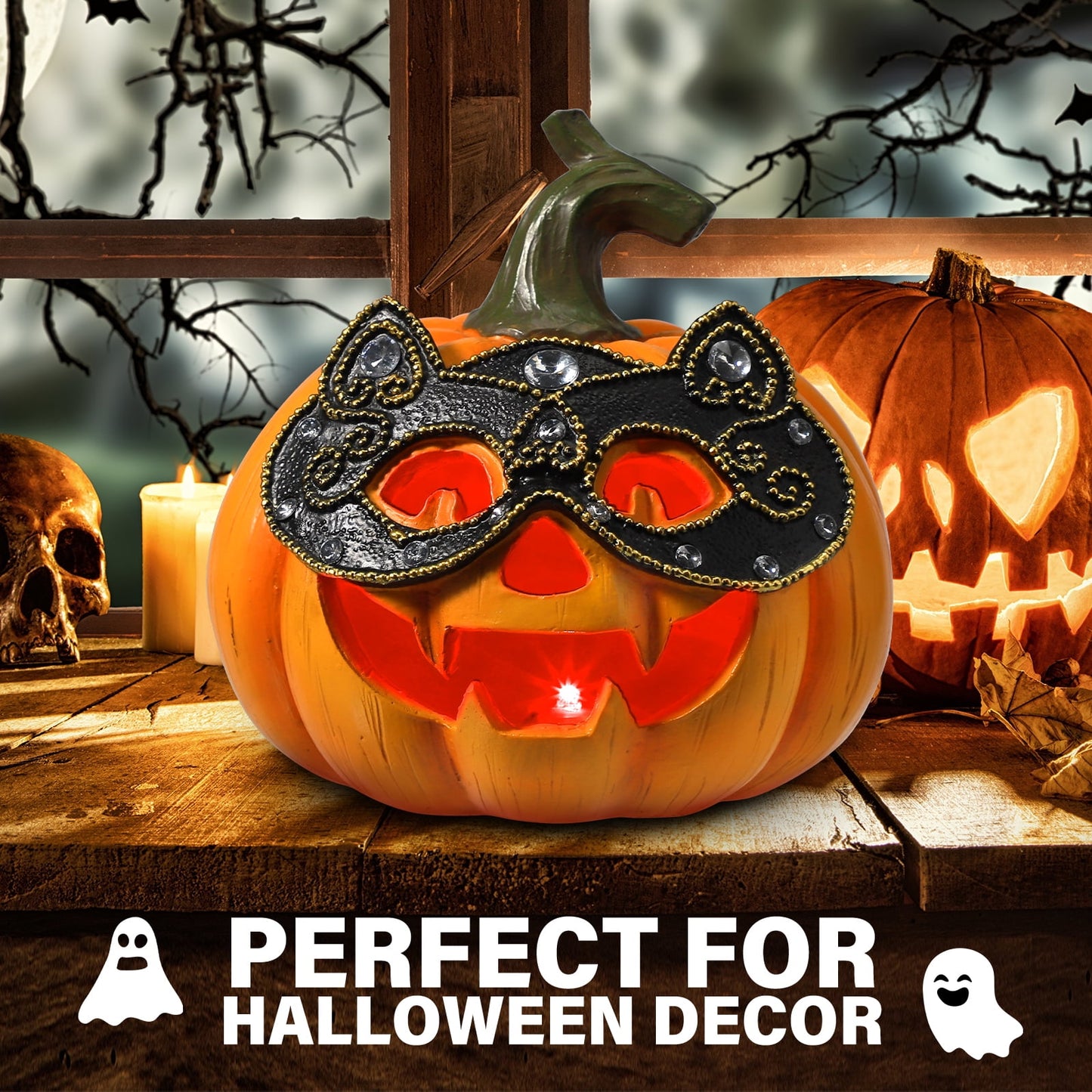 Ayieyill Halloween Pumpkin Decorations Light Up Pumpkin Figurine with Mask Halloween Decor for Home, Red