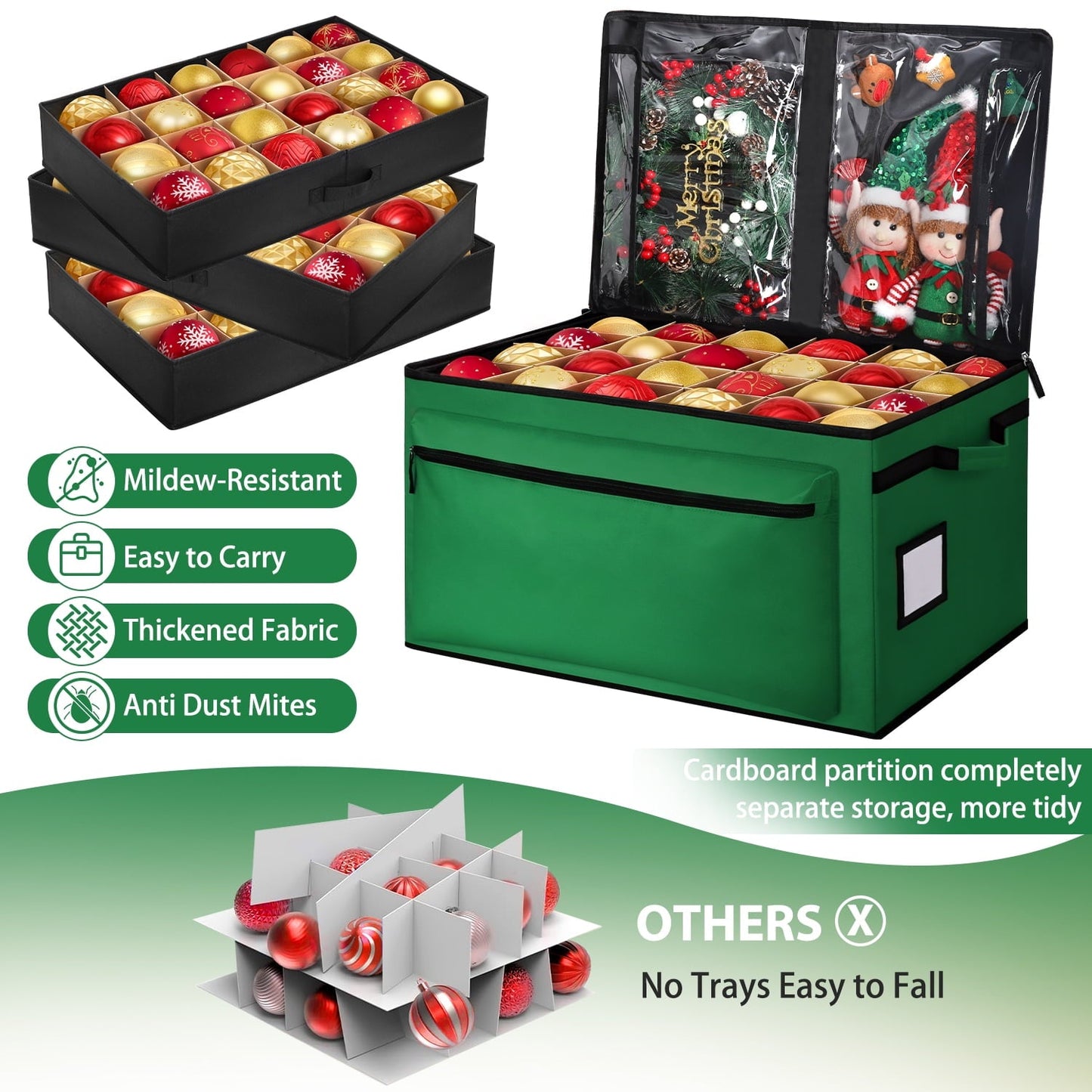 Ayieyill Premium Christmas Ornament Storage Container - Holds Up to 72-4” Ornaments Durable 600D Fabric - Adjustable Dividers - 3 Individual Trays