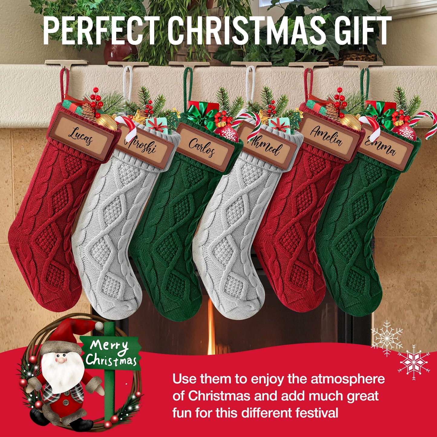 Ayieyill 6Pack Christmas Stockings, 17.7Inches Large Knitted Stocking Personalized Xmas Hanging Stocking Decorations with Name Leather Patches for Holiday Christmas Party Family Decor (Green Red)