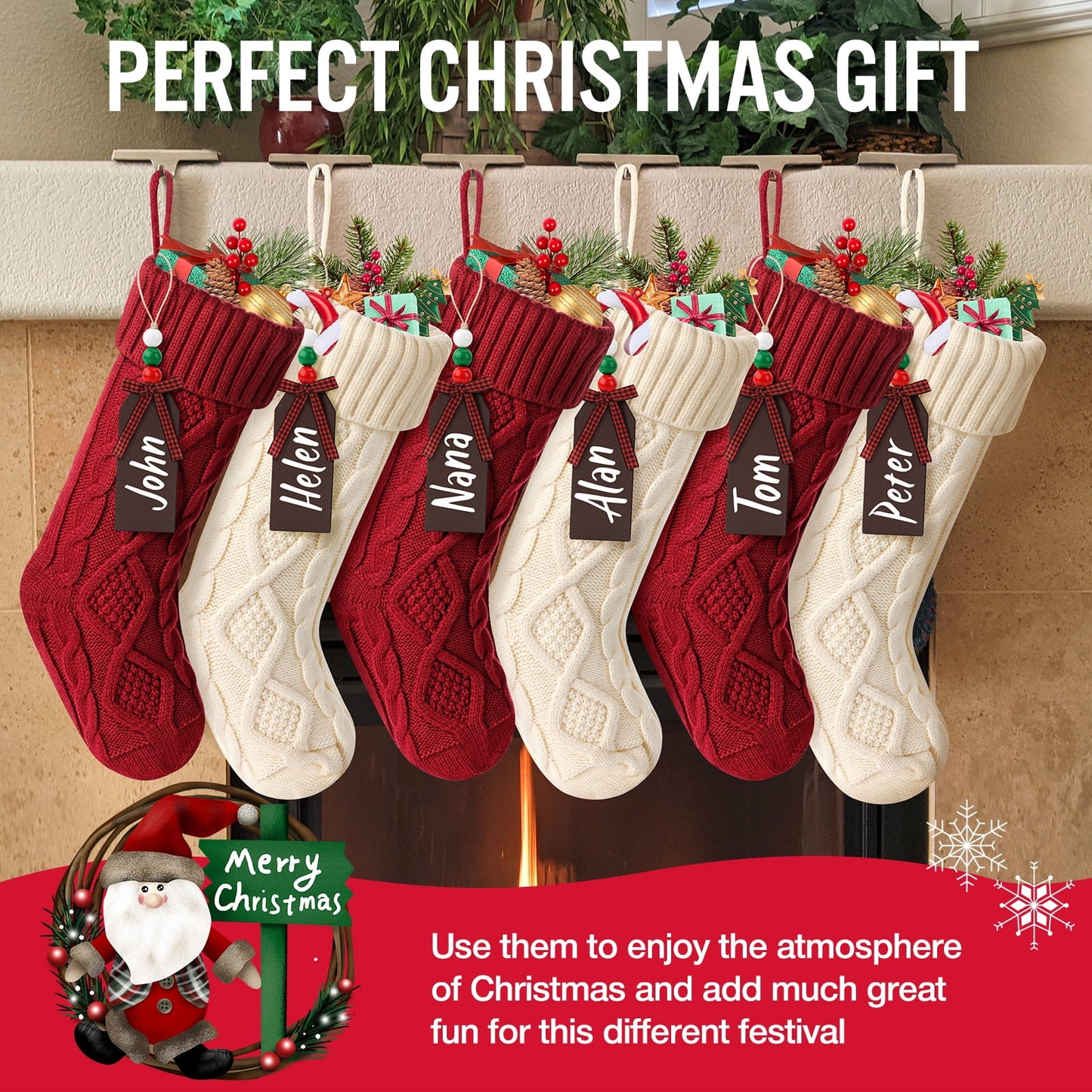 Ayieyill 6Pack Christmas Stockings, 17.7Inches Large Knitted Stocking Personalized Xmas Hanging Stocking Decorations with Name Leather Patches for Holiday Christmas Party Family Decor (Green Red)