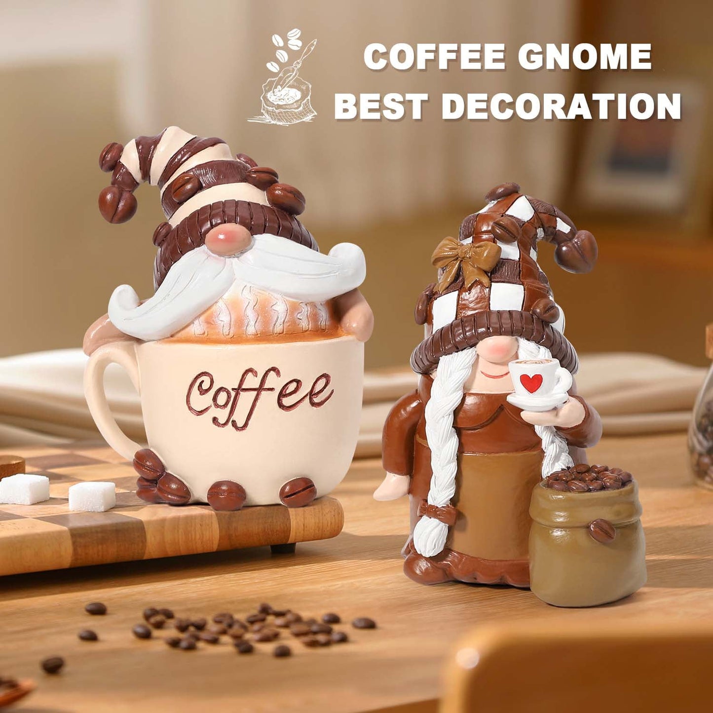 Ayieyill 2 Pack Coffee Gnomes, Coffee Bar Decor Accessories, Christmas Resin Gnome Figurines Tiered Tray Collectible Tabletop Kitchen Decorations