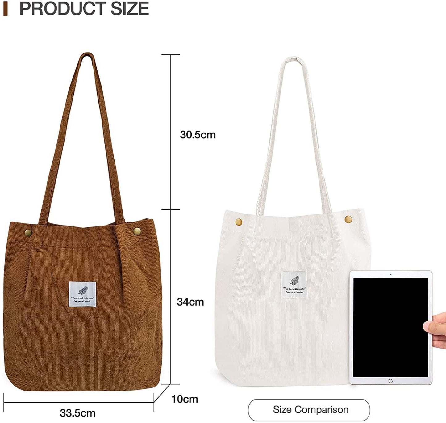 Ayieyill Corduroy Tote Bag Large for Women Girl Lady Canvas Shoulder Cord Purse and Handbags with Inner Pocket