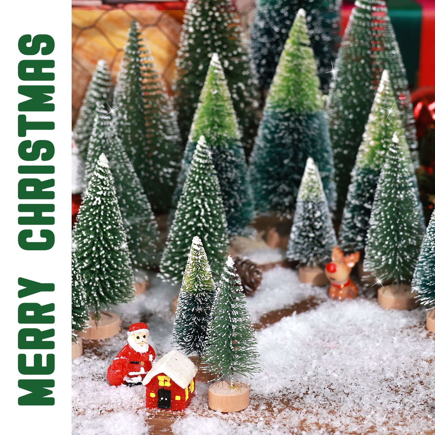 Ayieyill 35Pcs Mini Christmas Trees Bottle Brush Trees with Pine Cone Snow Powder, Christmas Village Sets