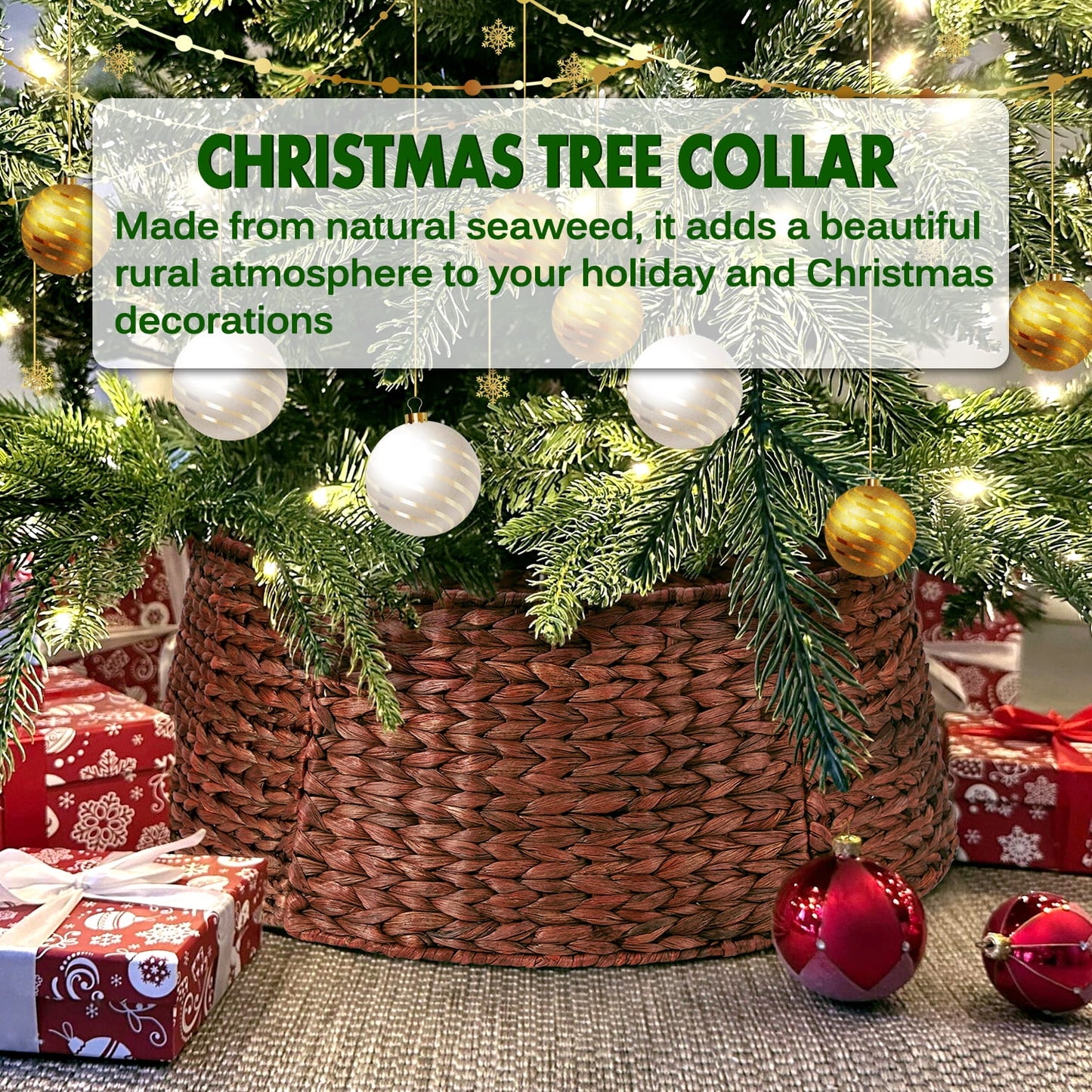 Ayieyill 26in Woven Hyacinth Christmas Tree Collar, Christmas Tree Decorations, Tree Skirt Accessory w/ Cord Cut-Out
