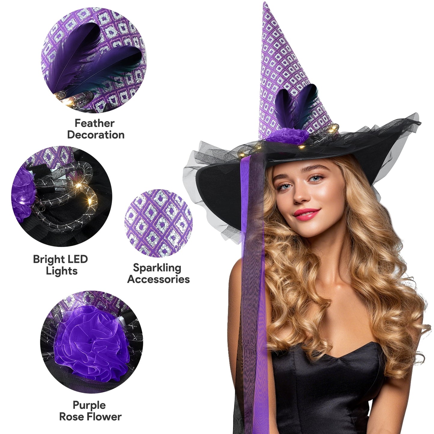 Ayieyill Halloween Witch Hats for Women with Lamp Cosplay Party Halloween Costume Accessory Purple