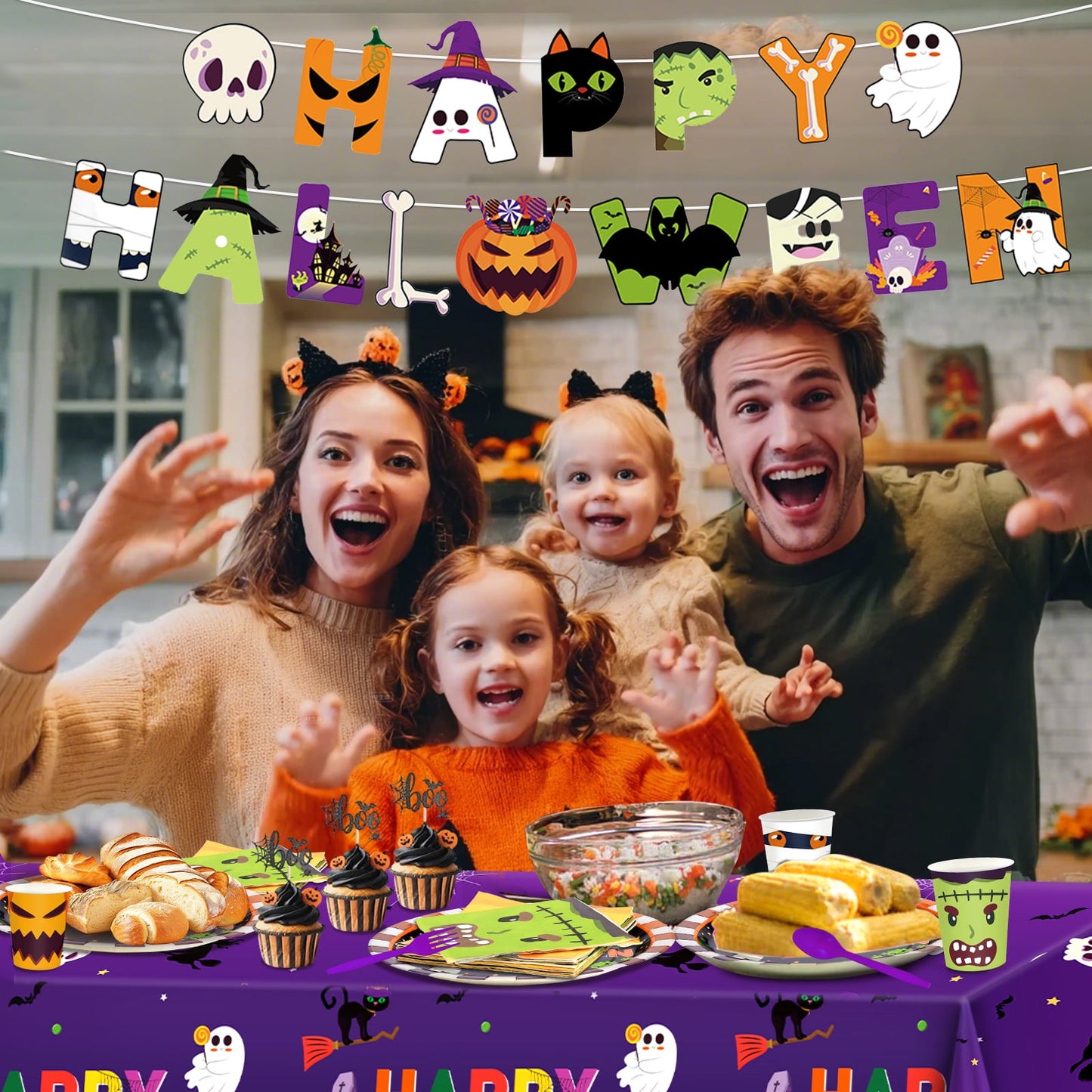 Ayieyill Halloween Party Supplies Set for 24 Guests, 170PCS Halloween Tableware Kit for Party Decoration, Disposable Plates, Cups, Napkins and Tablecloth