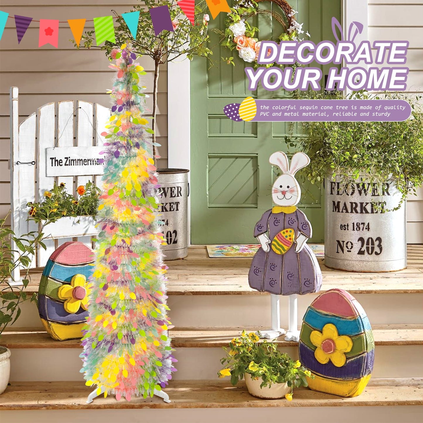 Ayieyill 5 ft Easter Trees Decorations,Tinsel Easter Trees Pop up Artificial Pencil Trees, Collapsible Easter Trees