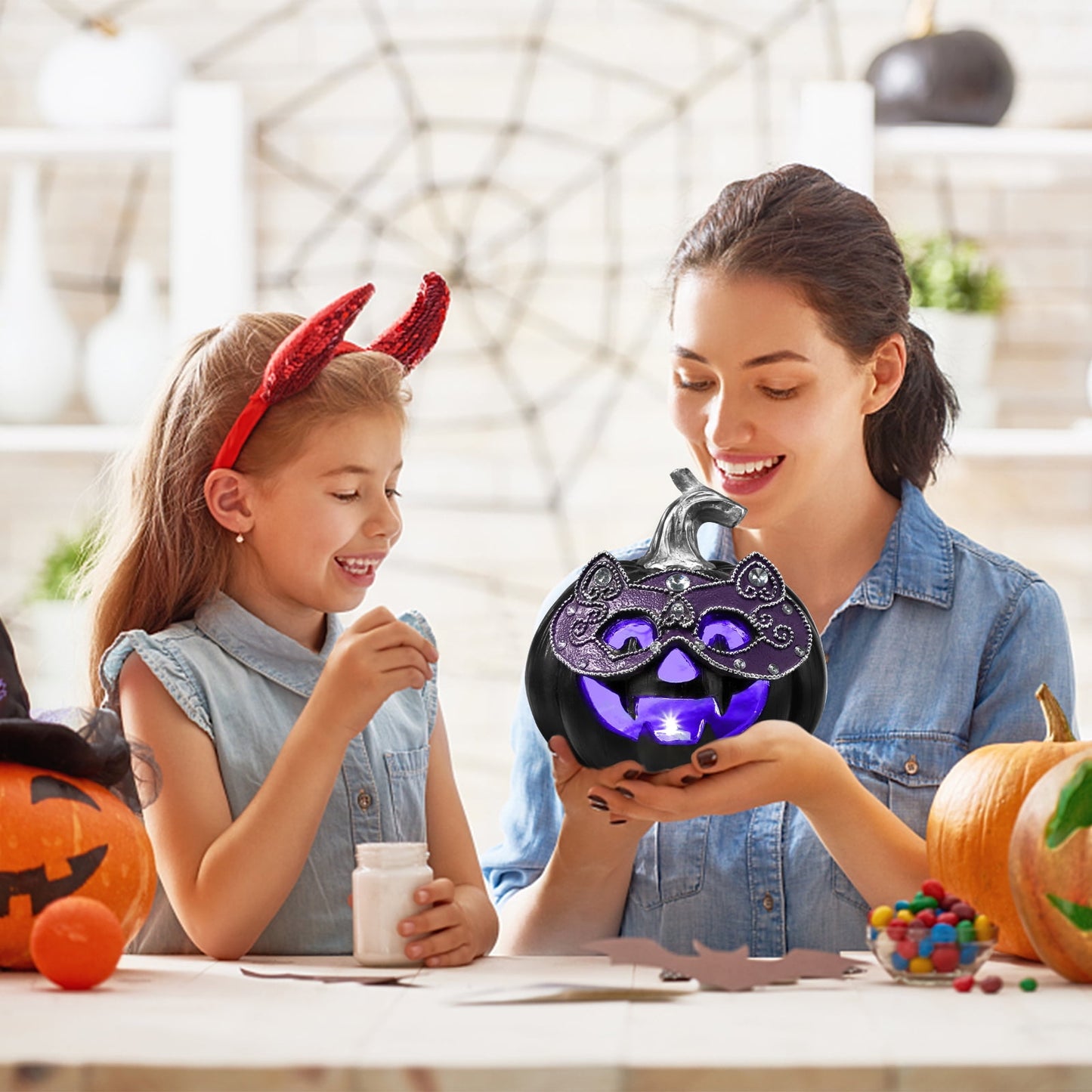 Ayieyill Halloween Pumpkin Decorations Light Up Pumpkin Figurine with Mask Halloween Decor for Home, Red
