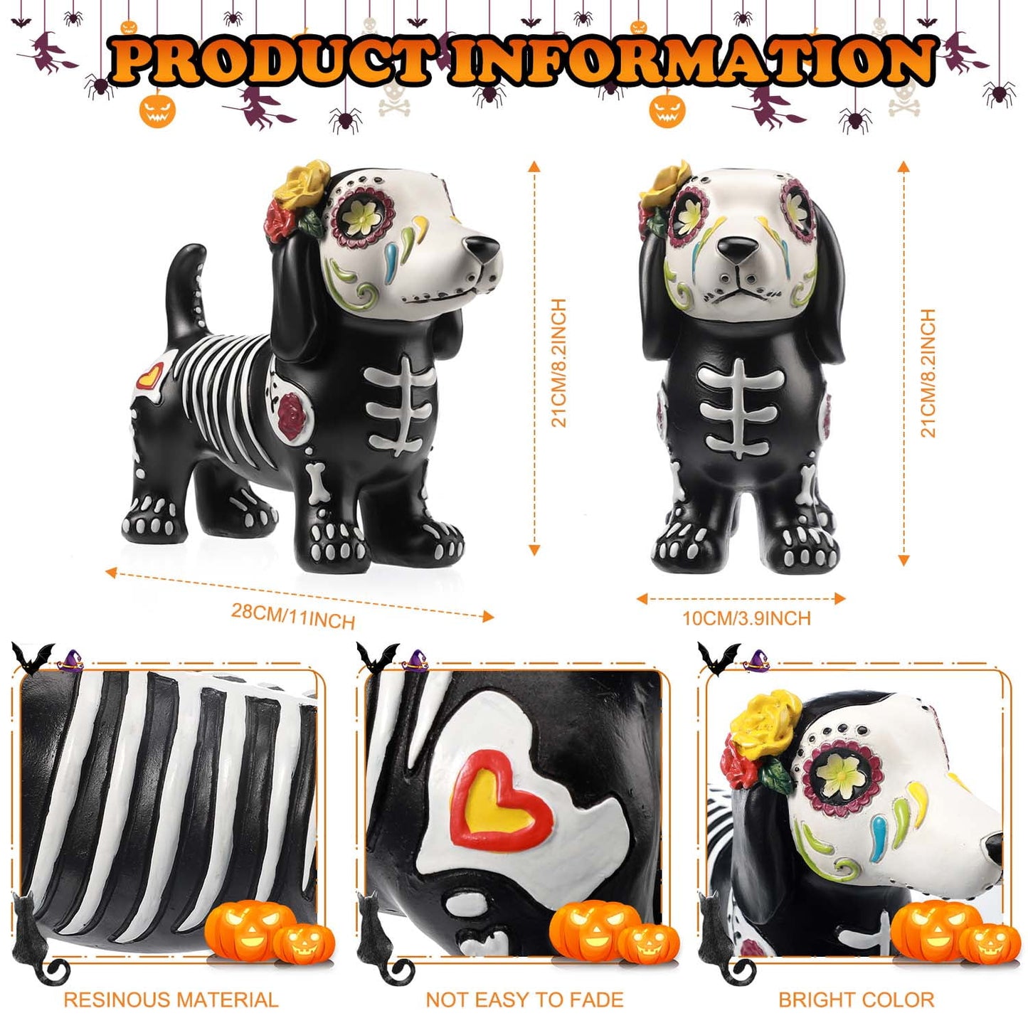 Ayieyill Day of the Dead Cat Figurine, Sugar Skull Halloween Decorations Indoor, Dia de los Muertos Decor