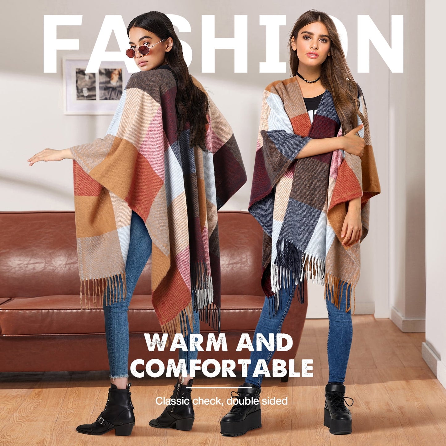 Ayieyill Shawl Wraps for Women Women's Poncho Open Front Boho Knitted Plaid Blanket Scarf Cape