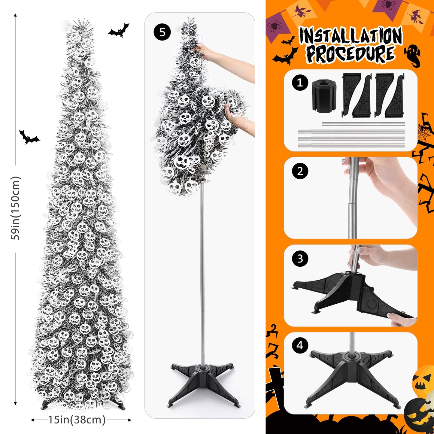 Ayieyill 5ft Halloween Tree Prelit, Pencil Pop up Tree with Light Halloween Decoration | Indoor