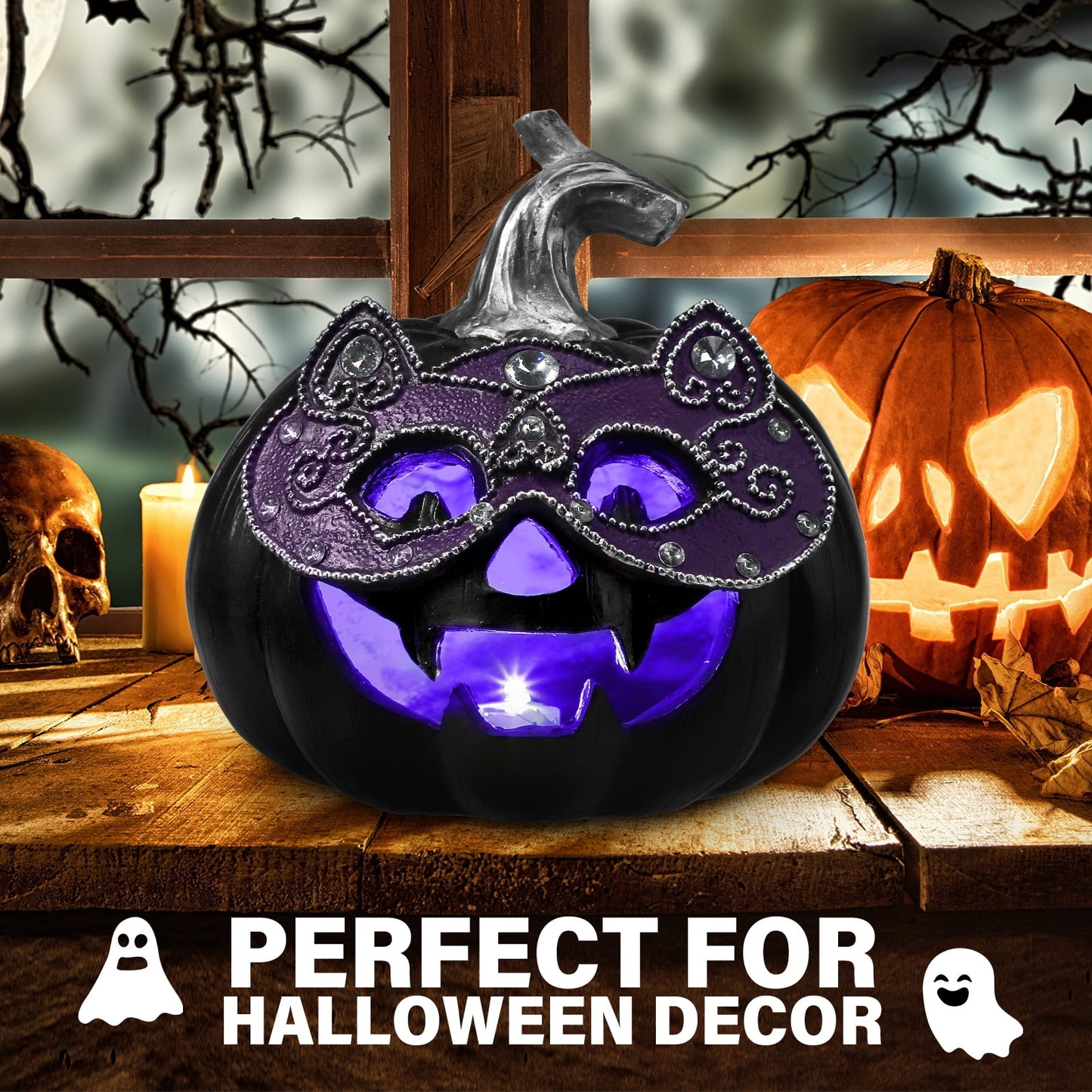 Ayieyill Halloween Pumpkin Decorations Light Up Pumpkin Figurine with Mask Halloween Decor for Home, Red