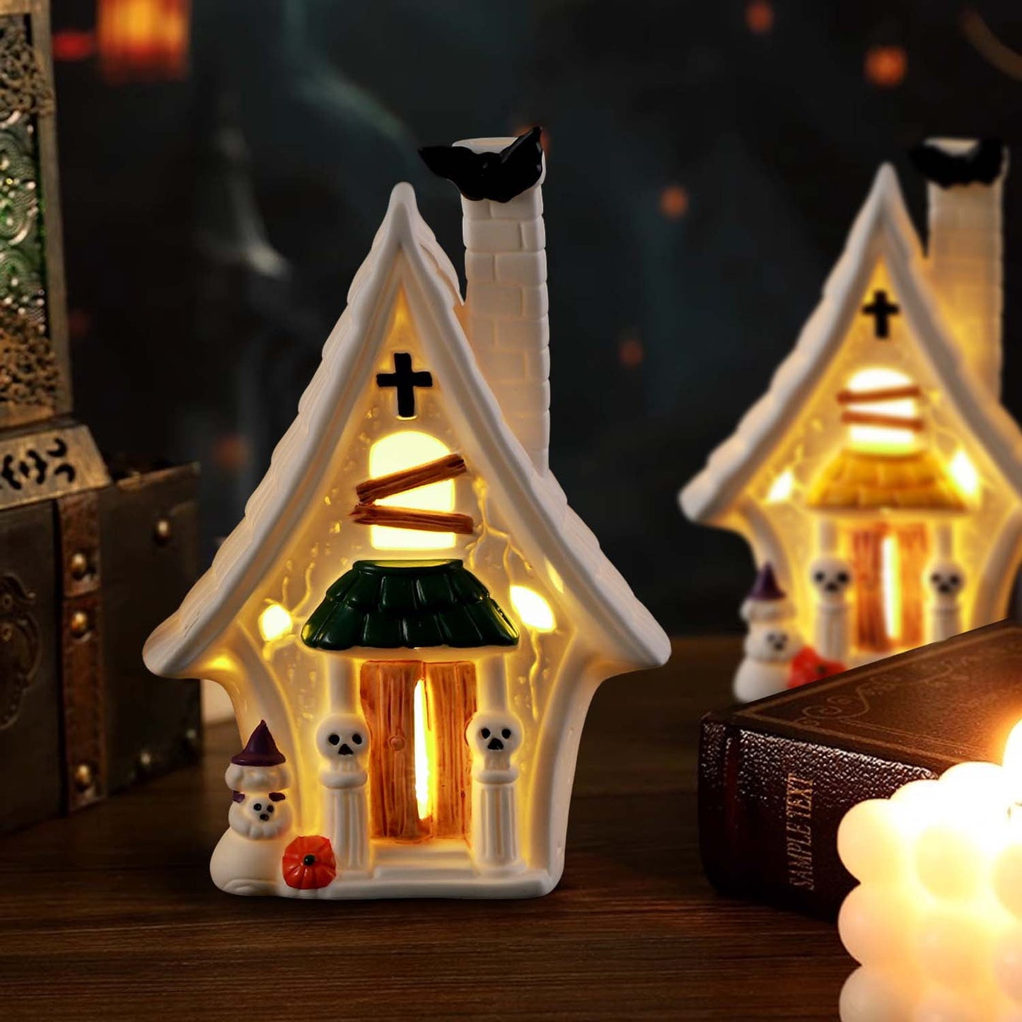 Ayieyll 2Pcs Pre-Lit Ceramic Halloween Village Halloween Haunted House White Village Houses with Skulls & LED & Bats for Halloween Table Decorations