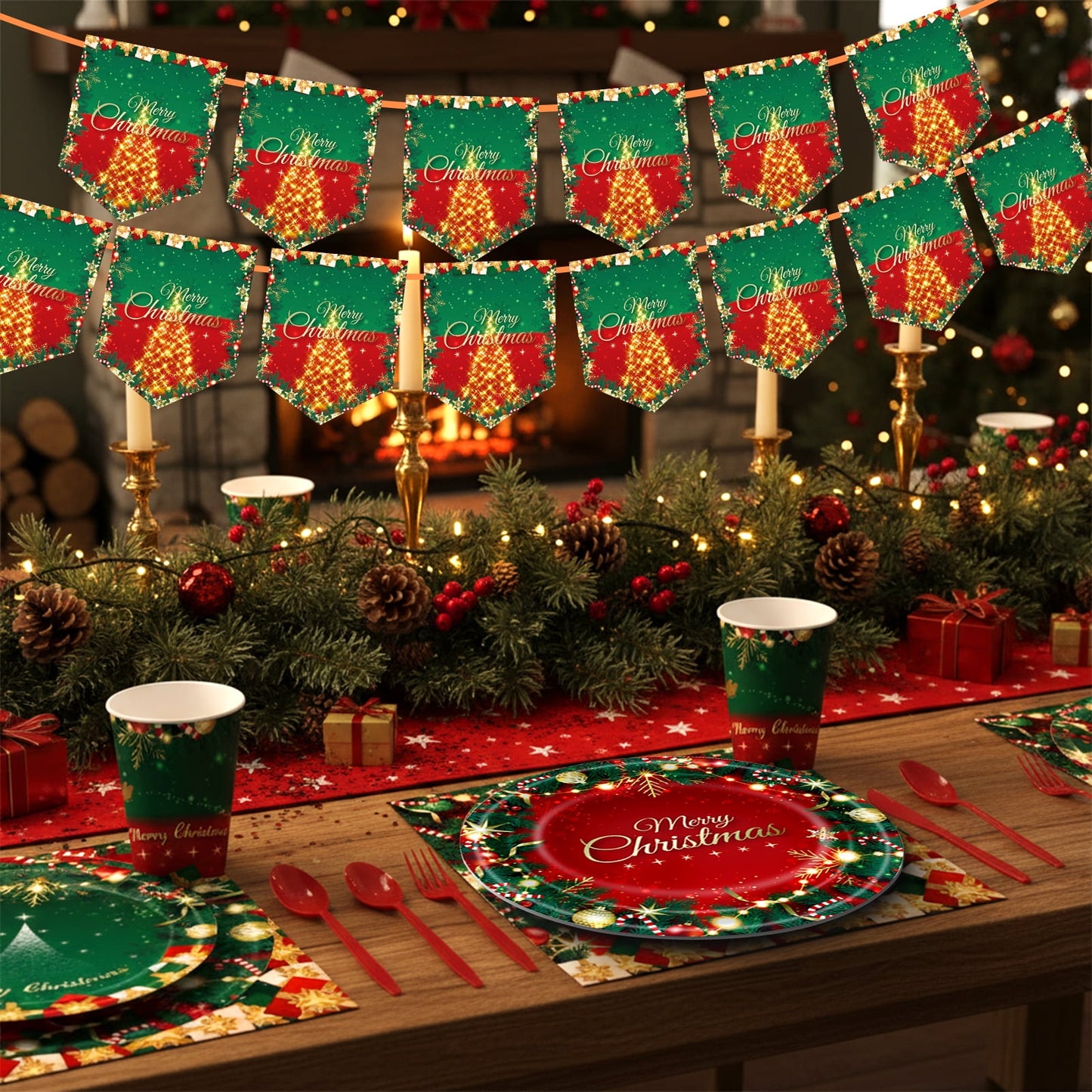 Ayieyill 170Pcs Christmas Party Supplies, Christmas Disposable Dinnerware Set for 24 Guests, Merry Christmas Theme Holiday Tableware Decorations Kit