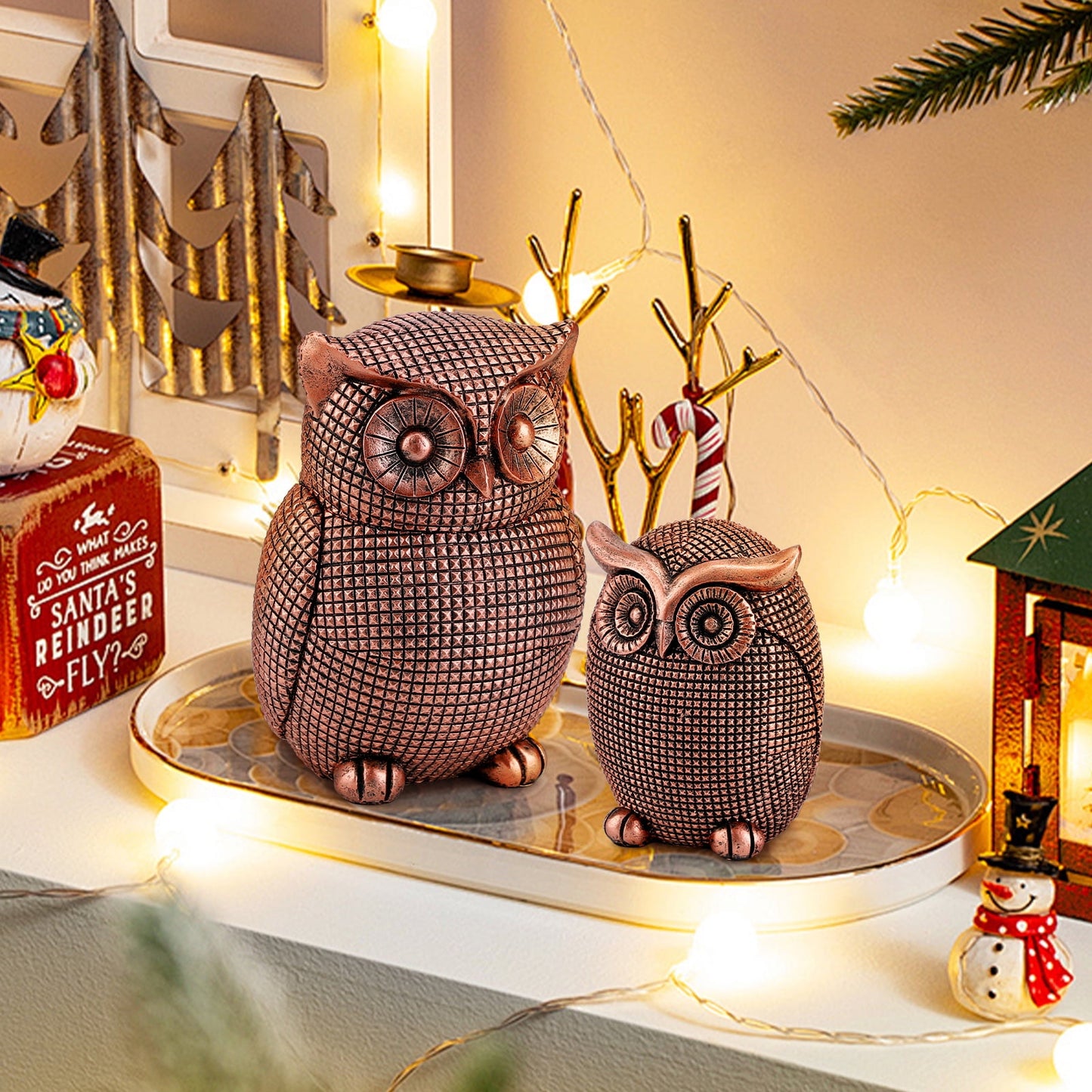 Ayieyill 2pcs Owl Figurines Christmas Tabletop Decorations Fireplace Decor Owl Statue for Book Shelf Decor