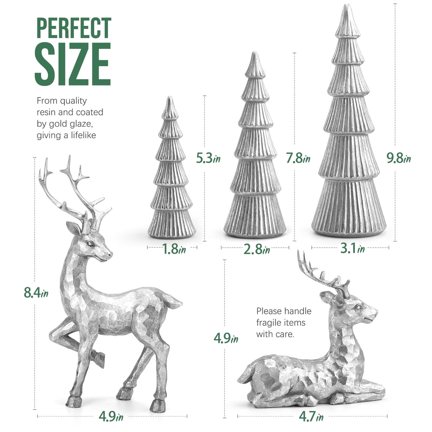 Ayieyill 5PCS Christmas Tree Resin Reindeer Figurines, Tree and Deer Christmas Decor, Deer Decorative Statues Resting Lucky Deer Sculptures(Rose Gold)