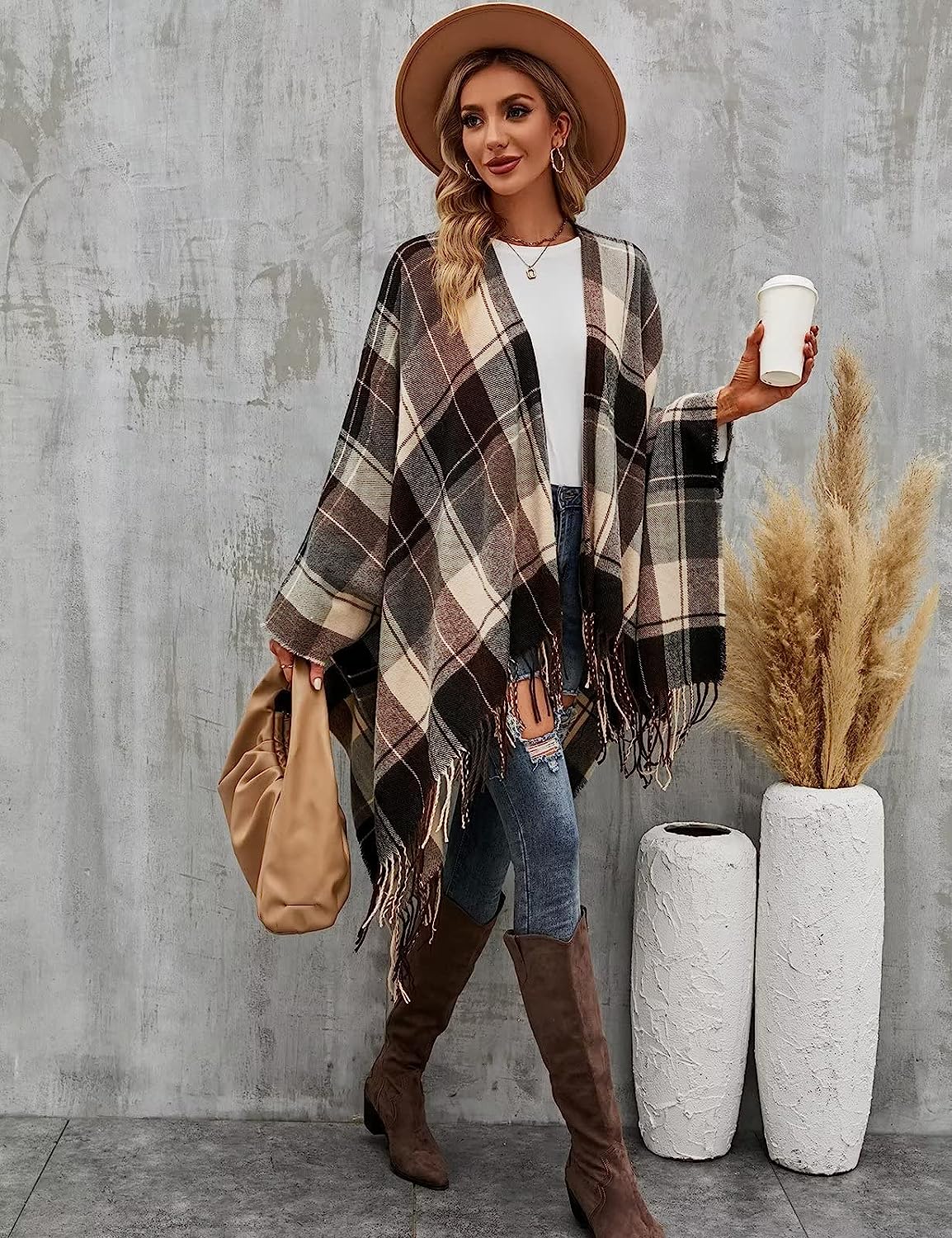 Ayieyill Shawl Wraps for Women Women's Poncho Open Front Boho Knitted Plaid Blanket Scarf Cape