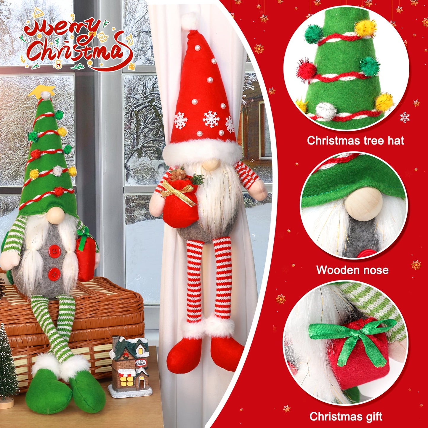 Ayieyill 2Pcs Christmas Elf Plush Dolls, 19" Buckle Curtain Christmas Ornaments Decor, Christmas Gnomes Cute Plush Toys Christmas Decorations Indoor