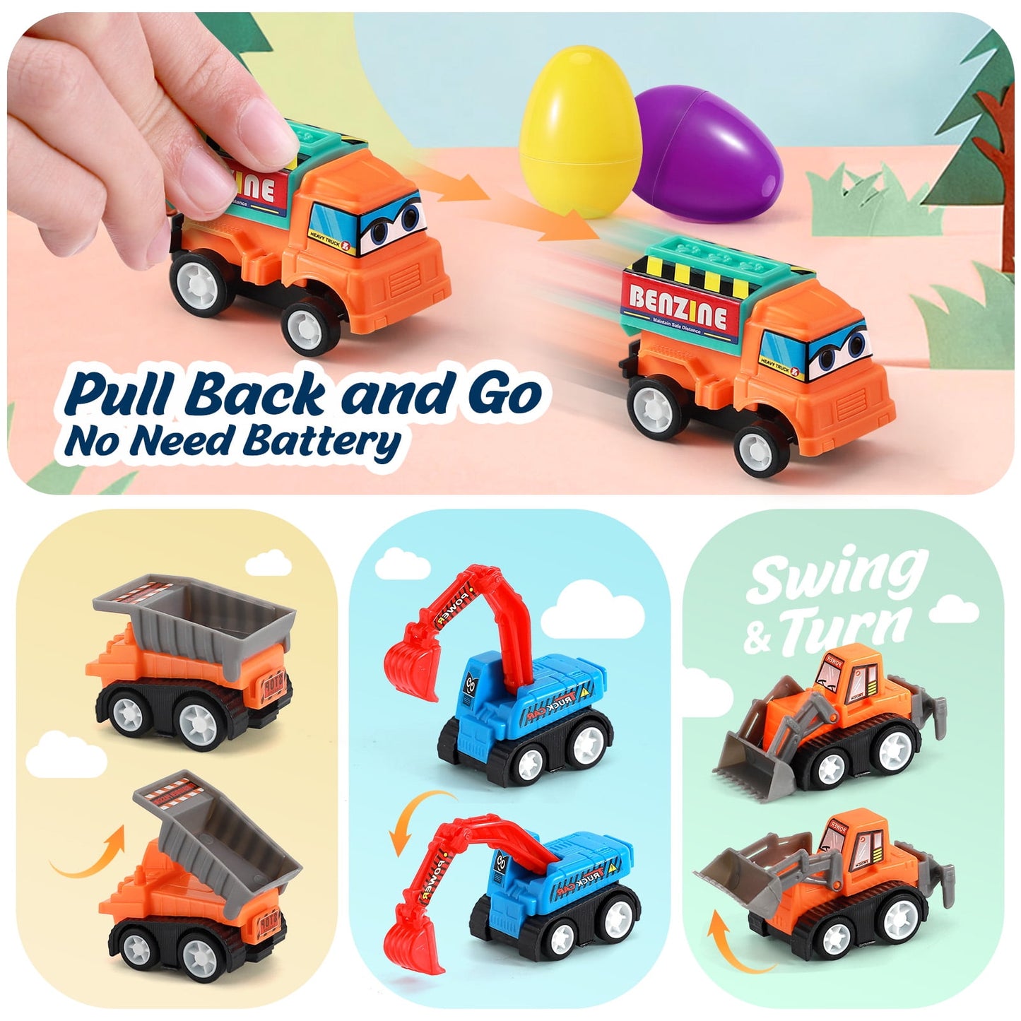 Ayieyill 12Pcs Prefilled Easter Eggs - Toy Filled Easter Eggs Filled with Pull-Back Construction Vehicles