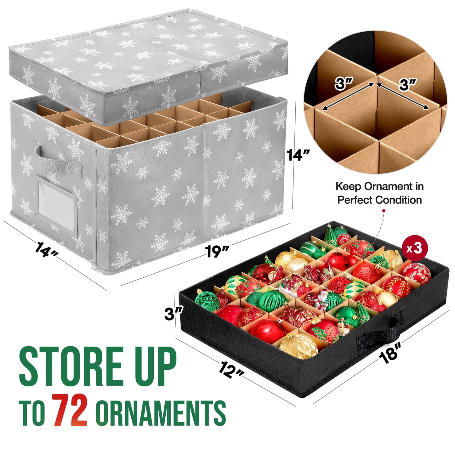 Ayieyill Premium Large Christmas Ornament Storage Box, Christmas Ornament Organizer, with Side Open, 3 Removable Trays - Keeps 72 Holiday Ornaments