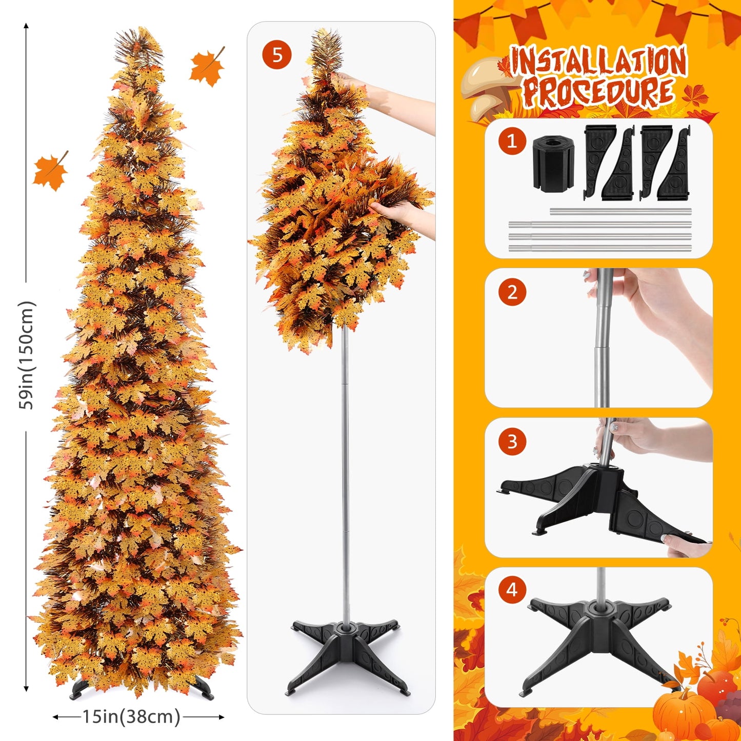 Ayieyill 5Ft Fall Tree Pop up Pencil Tree Collapsible Maple Tree for Indoor Outdoor Thanksgiving Decorations Autumn Harvest