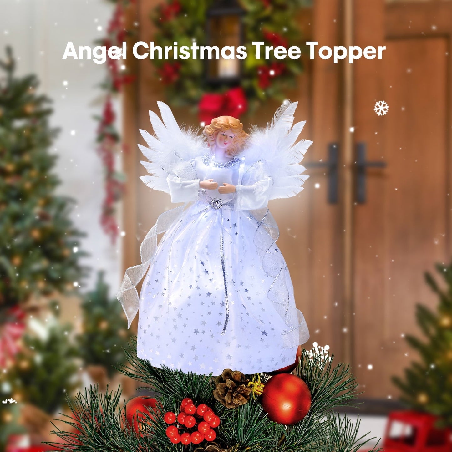 Ayieyill  Angel Treetop, 9-Inch,Lighted Silver Angel with Wings Christmas Tree Topper