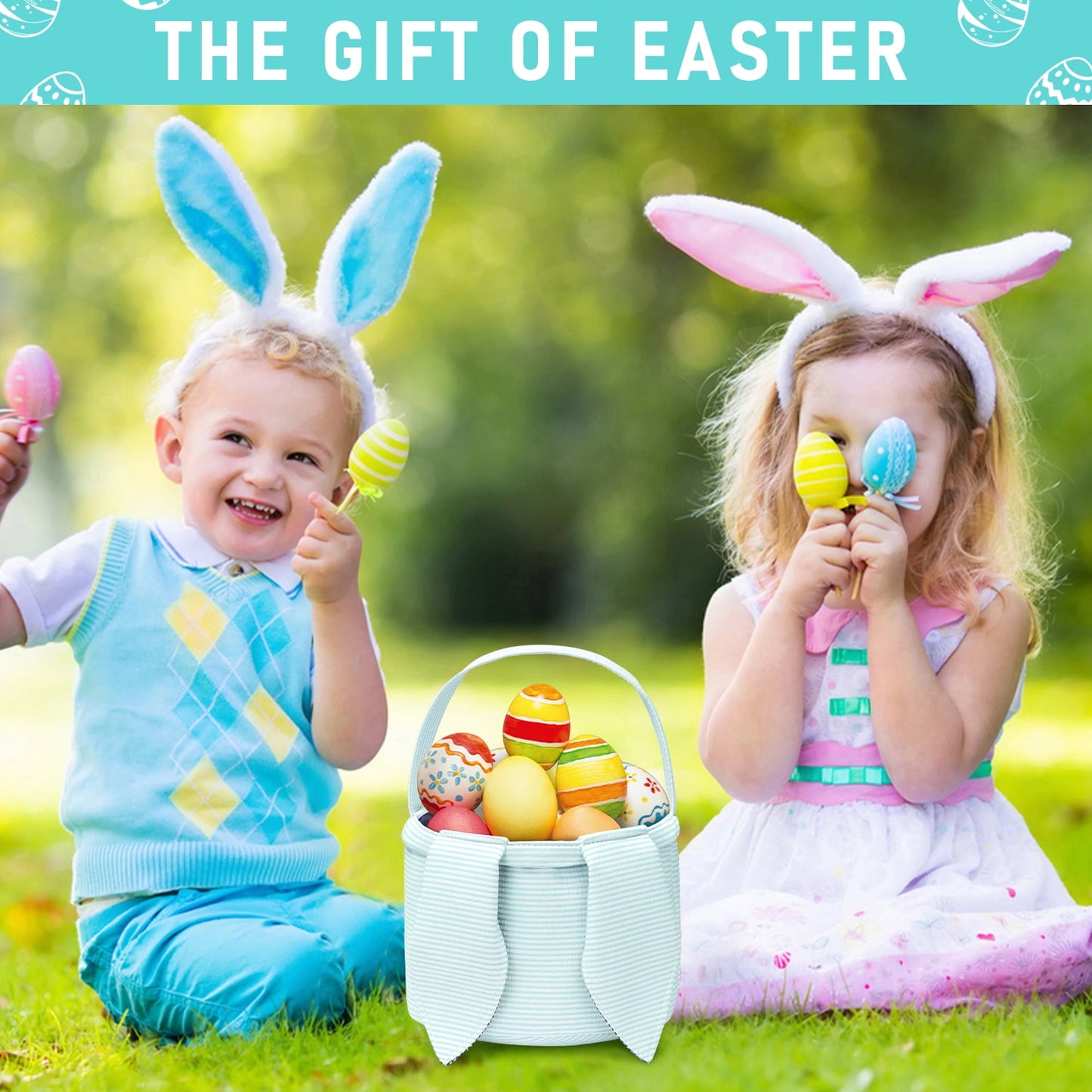 Ayieyill Easter Basket, Easter Bunny Baskets for Kids with Cute Rabbit Ears Stripe, Easter gift baskets