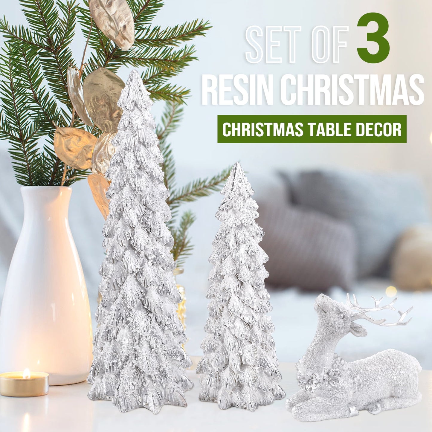 Ayieyill 3Pcs Resin Christmas Tree and Reindeer Decortion, Small Christmas Decorative Figurine Set, Christmas Tabletop Decorations Indoor