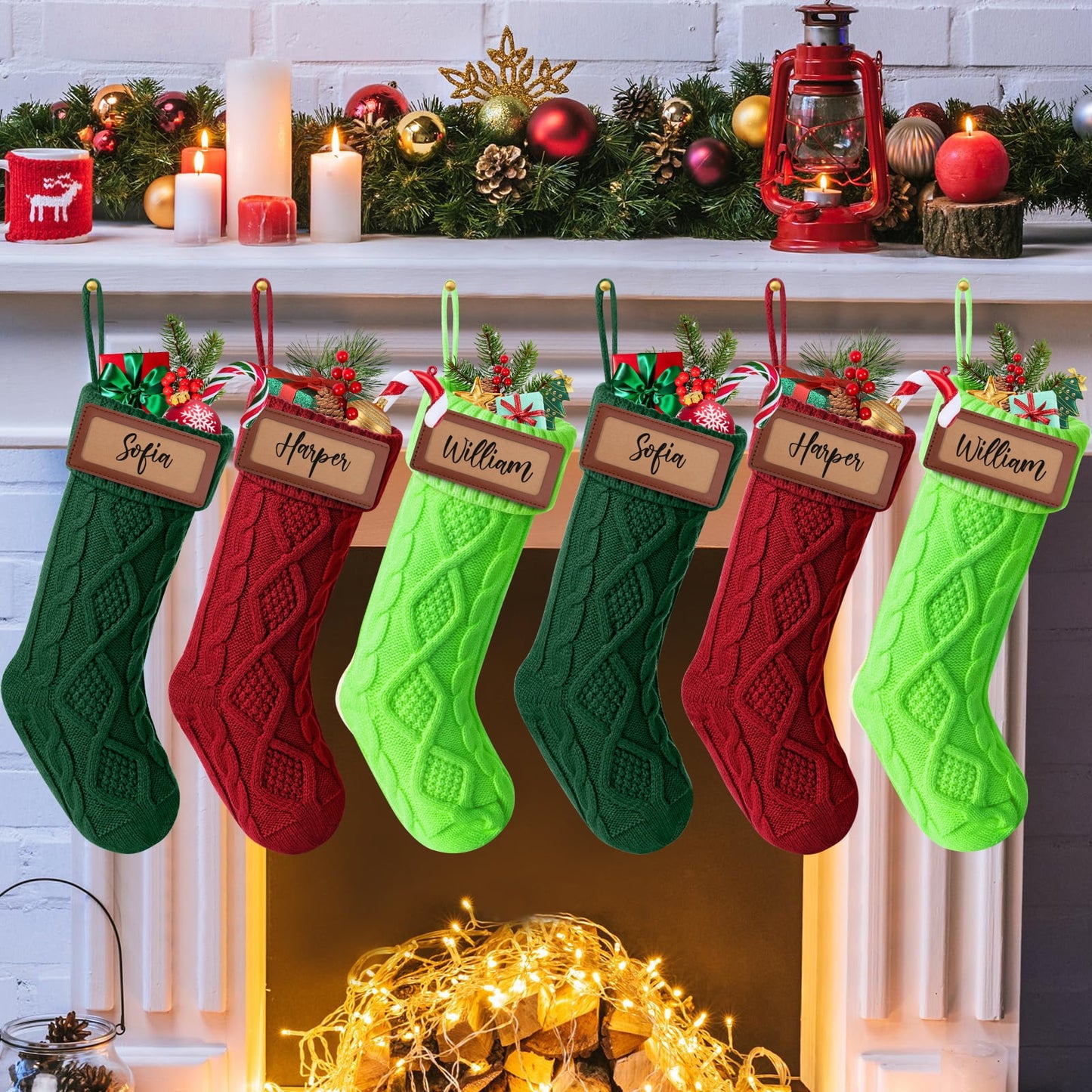 Ayieyill 6Pack Christmas Stockings, 17.7Inches Large Knitted Stocking Personalized Xmas Hanging Stocking Decorations with Name Leather Patches for Holiday Christmas Party Family Decor (Green Red)