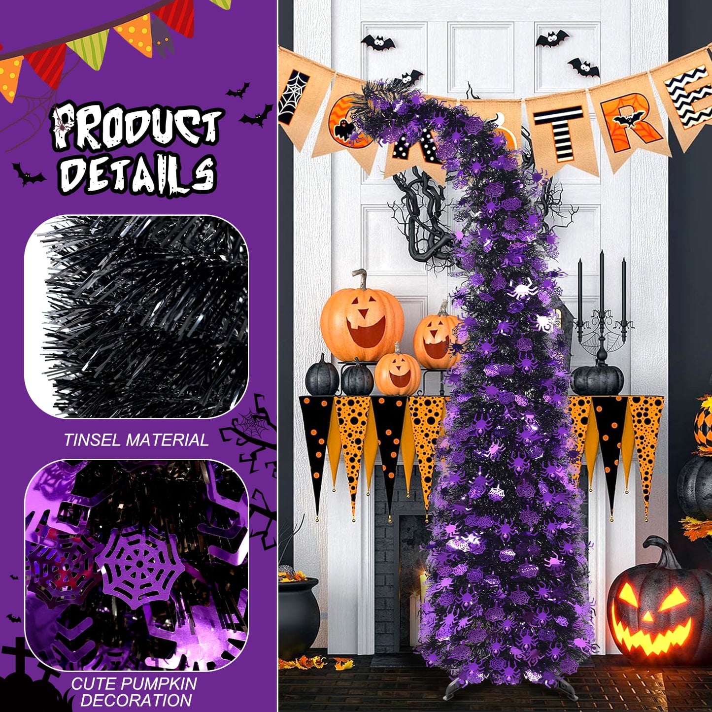 Ayieyill 5ft Halloween Tree Prelit, Pencil Pop up Tree with Light Halloween Decoration | Indoor