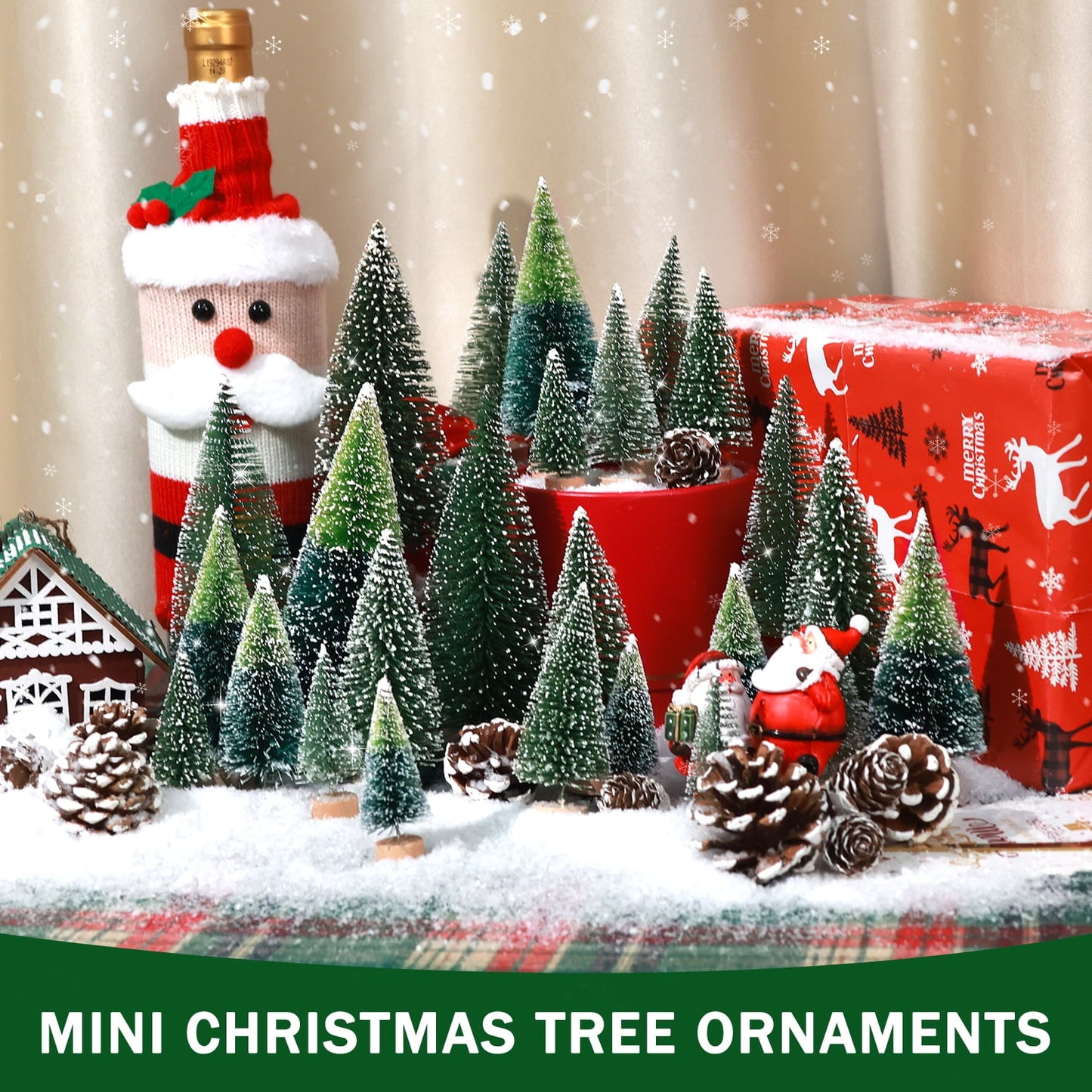 Ayieyill 35Pcs Mini Christmas Trees Bottle Brush Trees with Pine Cone Snow Powder, Christmas Village Sets