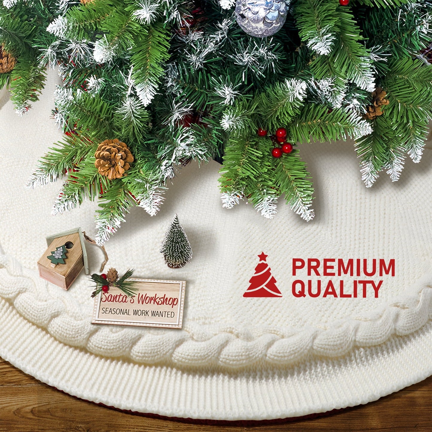 Ayieyill Christmas Tree Skirt, 48 inches White Tree Skirt Luxury Cable Knit Knitted Thick Rustic Xmas Tree Skirt Christmas Decoration, Cream