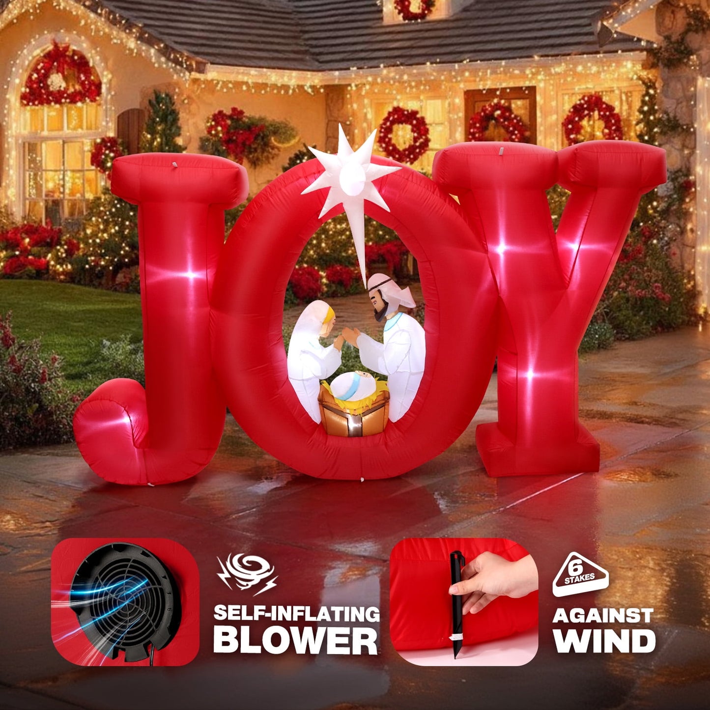 Ayieyill 8FT Inflatables Christmas Outdoor Decoration, Joy Christmas Nativity Decoration with LED, Christmas Blow up Yard Decorations- Red/White