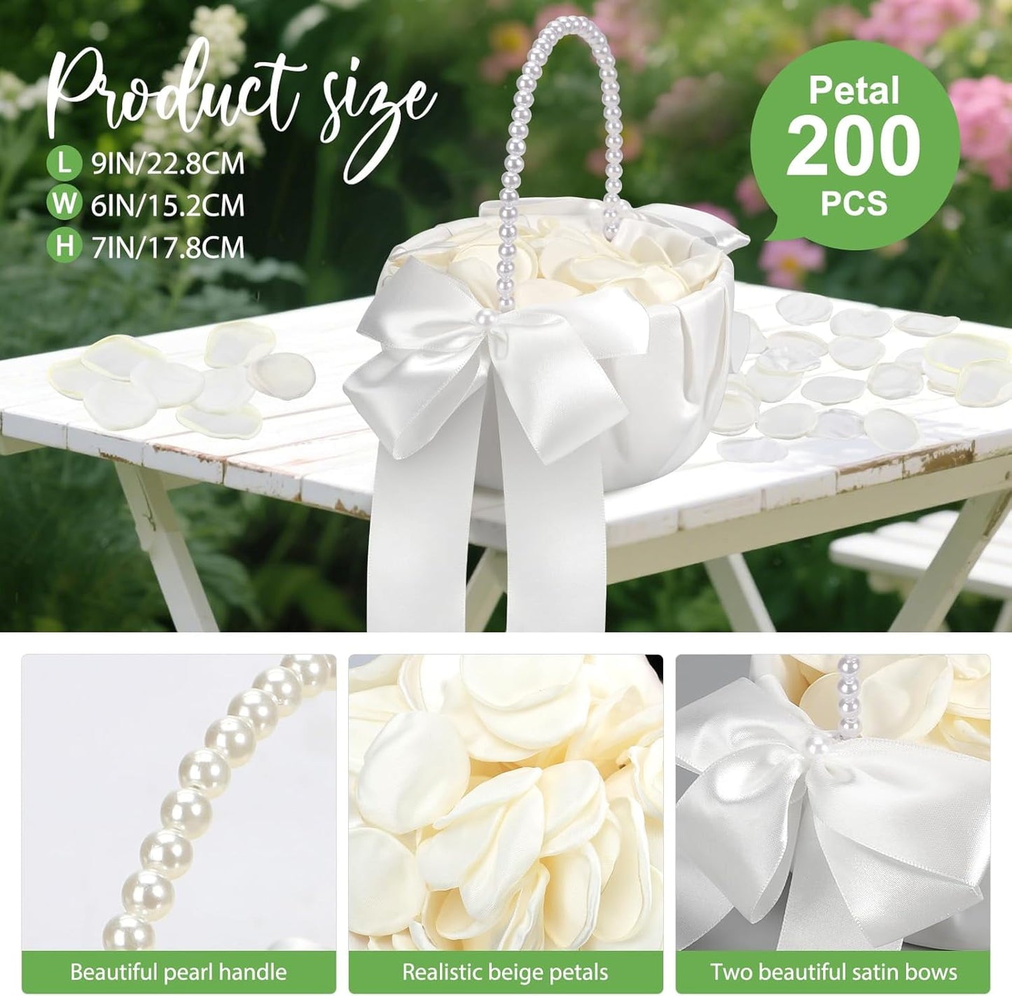 Ayieyill Wedding Baskets for Flower Girls with Pearl Handle Flower Girl Basket for Wedding Party (with 200 Petals)