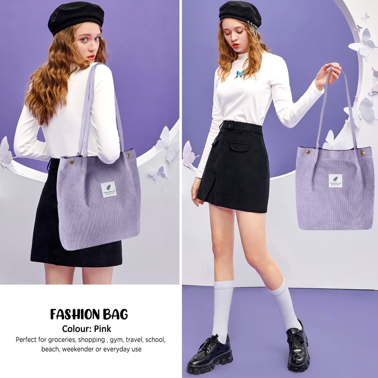 Ayieyill Corduroy Tote Bag Large for Women Girl Lady Canvas Shoulder Cord Purse and Handbags with Inner Pocket