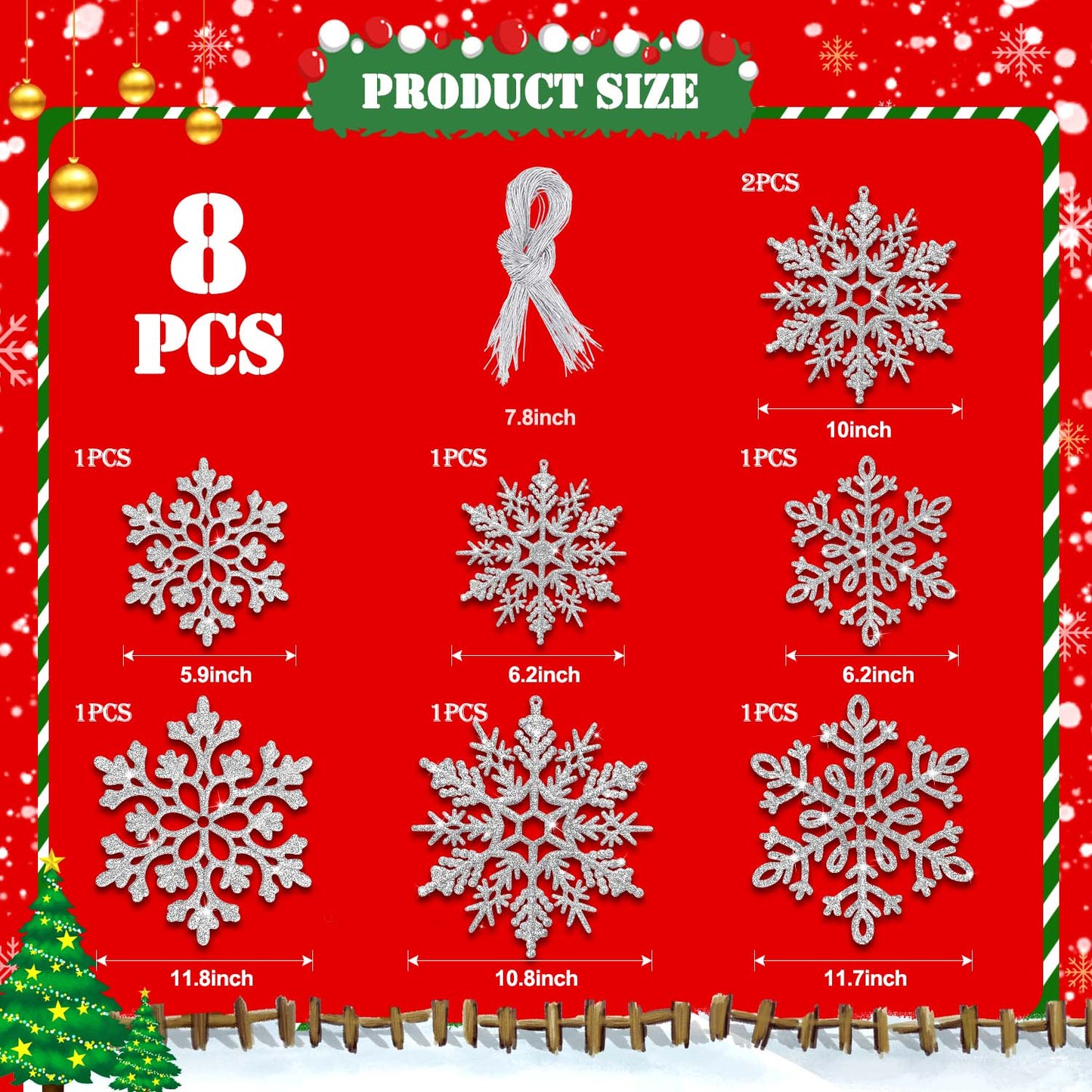 Ayieyill 8Pcs Christmas Snowflakes Large Snowflakes Ornaments - 12'' Glitter Snowflakes Decorations