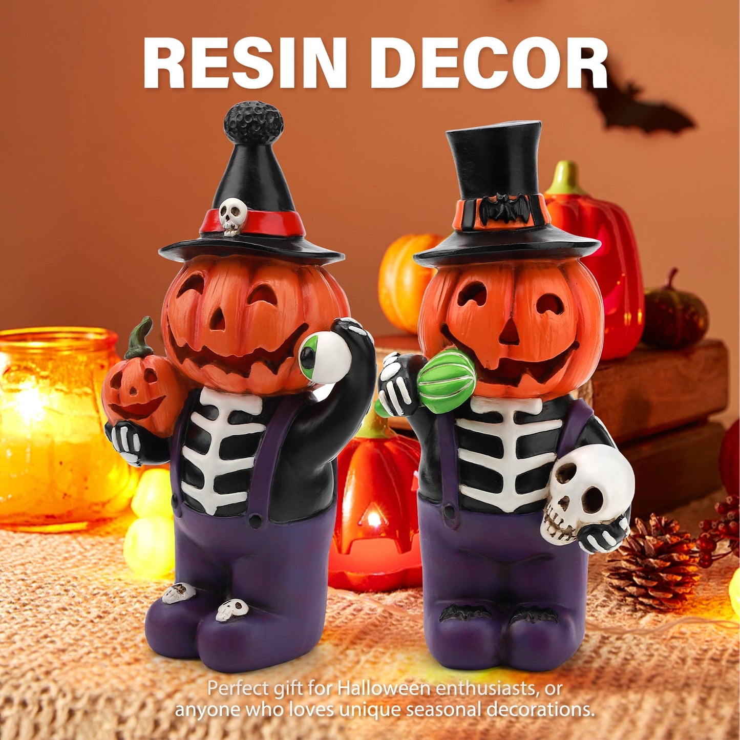 Ayieyill 2pcs Halloween Cat and Skeleton Figurines Halloween Decorations for Table or Desk Cute Halloween Gifts