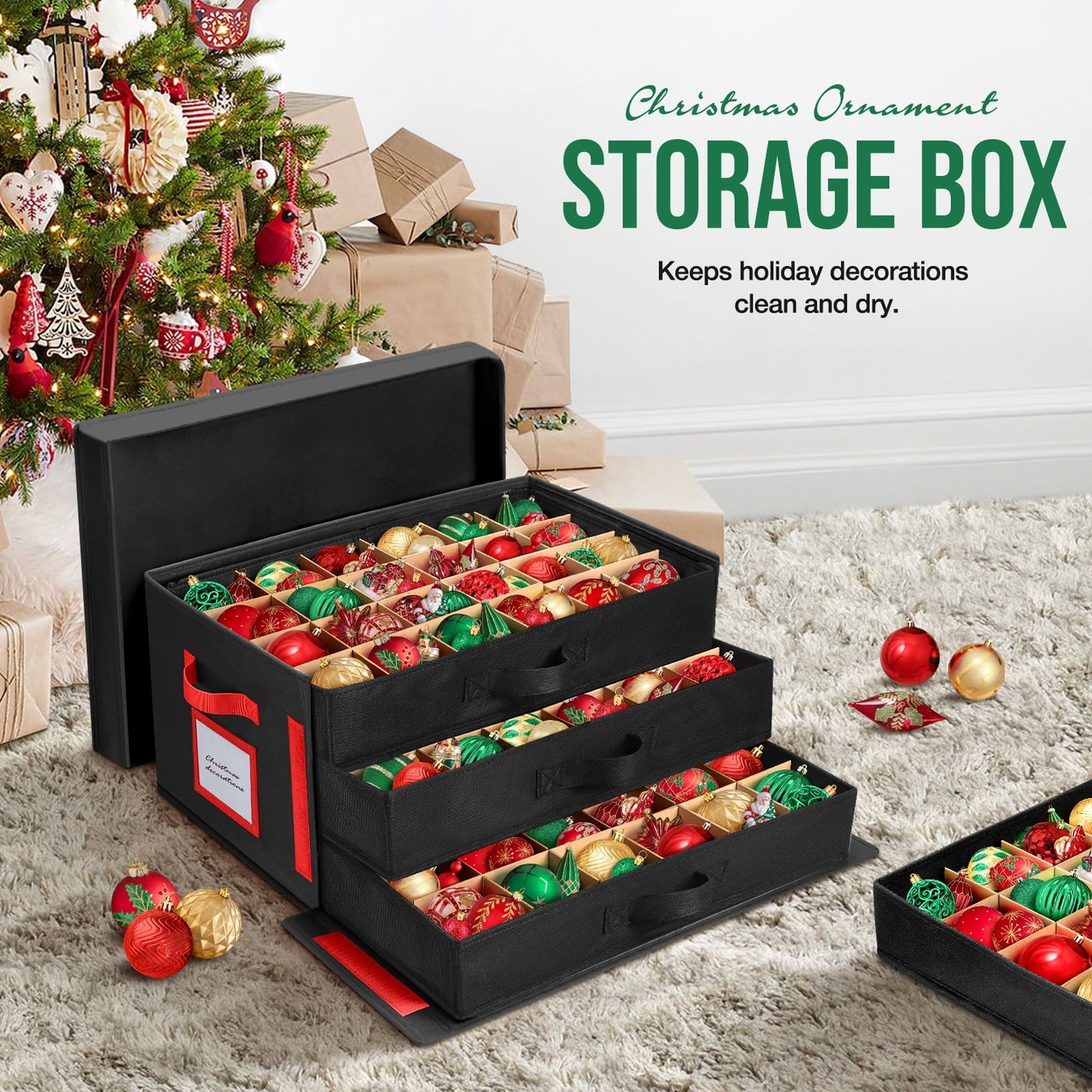 Ayieyill Premium Large Christmas Ornament Storage Box, Christmas Ornament Organizer, with Side Open, 3 Removable Trays - Keeps 72 Holiday Ornaments
