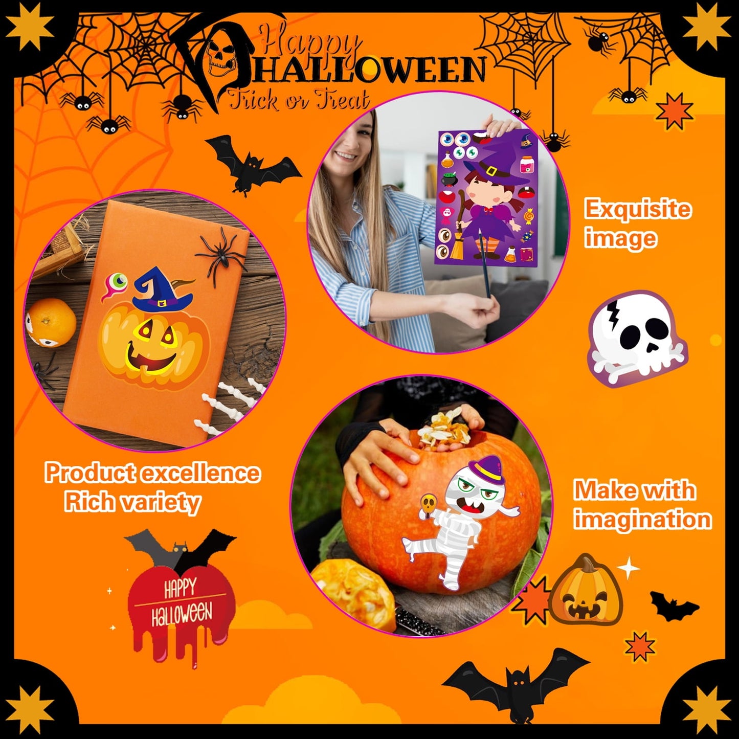 Ayieyill 48PCS Halloween Make a Face Sticker Pack for Kids, Halloween Sticker Sheets Party Favors Goodie Bag Stuffers