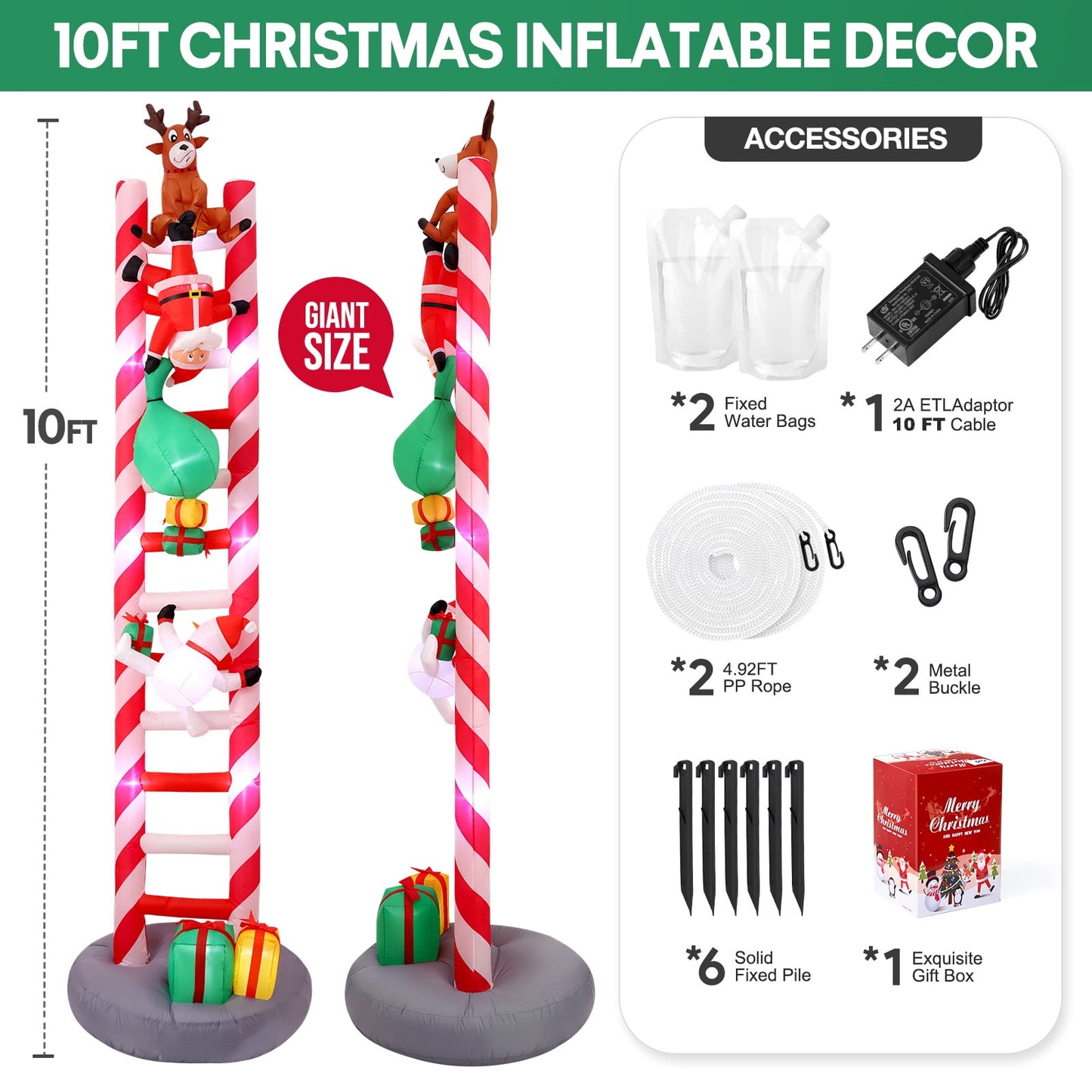 Ayieyill 10FT Christmas Inflatables Outdoor Decoration, Giant Ladder to Chimney Climbed with Reindeer Santa Snowman for Christmas Blow up Yard Decorations