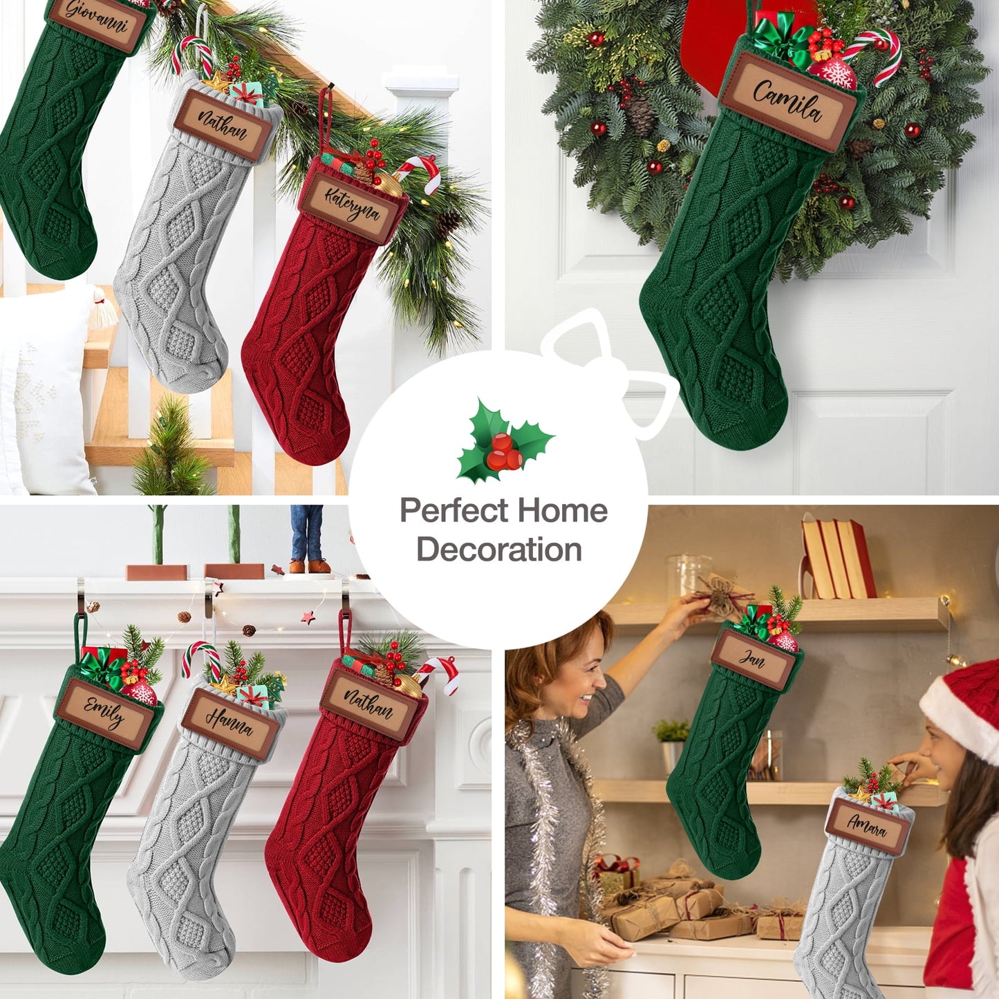 Ayieyill 6Pack Christmas Stockings, 17.7Inches Large Knitted Stocking Personalized Xmas Hanging Stocking Decorations with Name Leather Patches for Holiday Christmas Party Family Decor (Green Red)