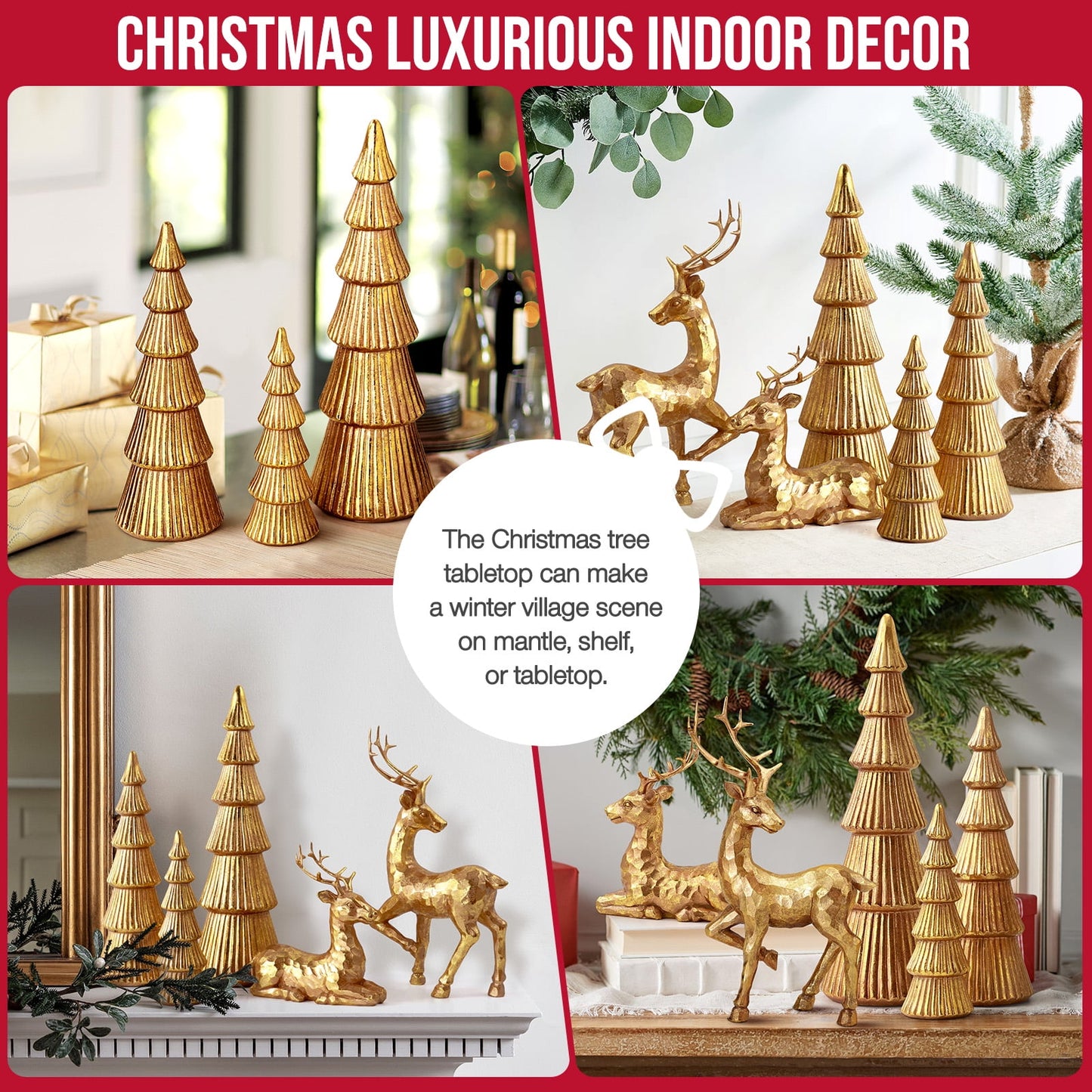Ayieyill 5PCS Christmas Tree Resin Reindeer Figurines, Tree and Deer Christmas Decor, Deer Decorative Statues Resting Lucky Deer Sculptures(Rose Gold)