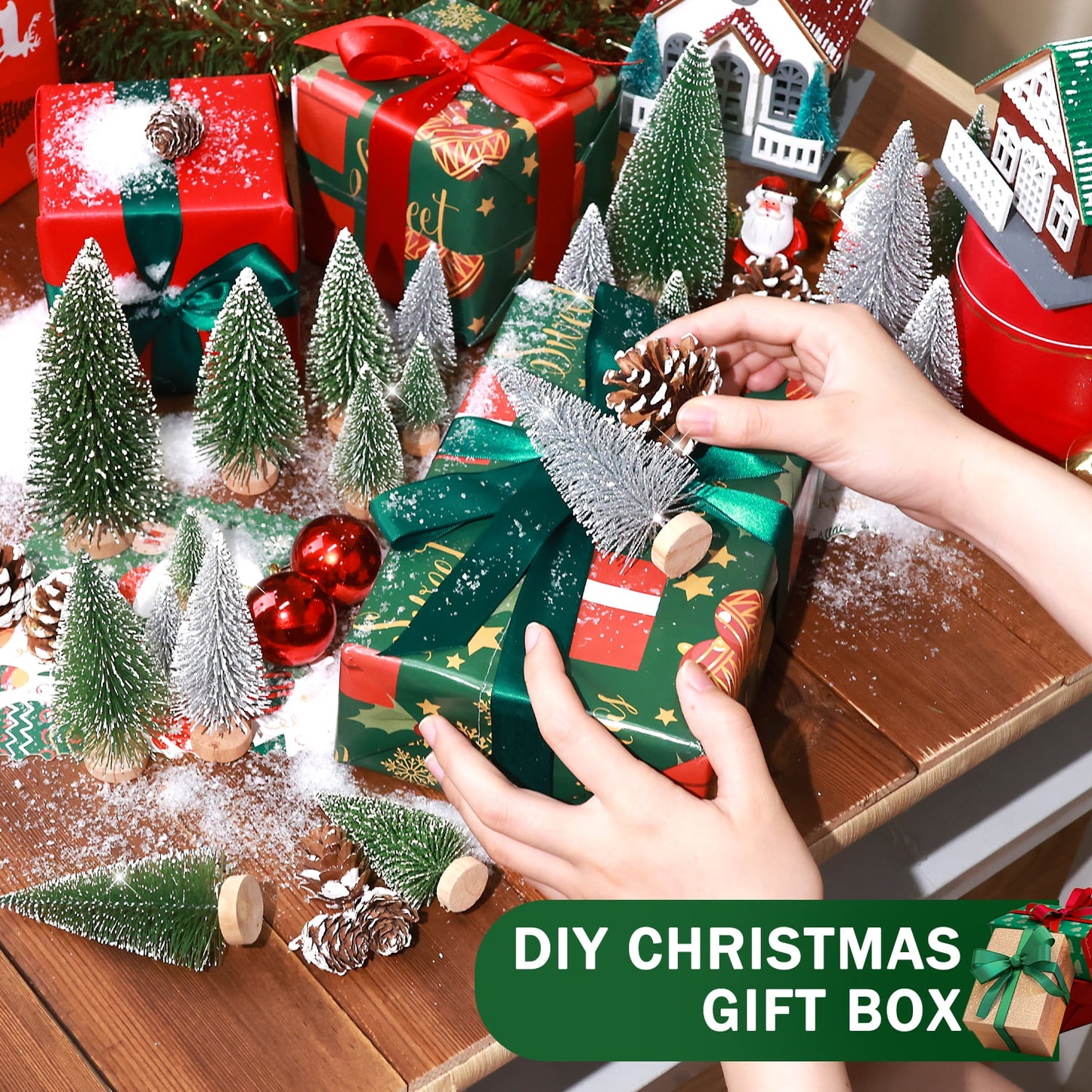 Ayieyill 35Pcs Mini Christmas Trees Bottle Brush Trees with Pine Cone Snow Powder, Christmas Village Sets